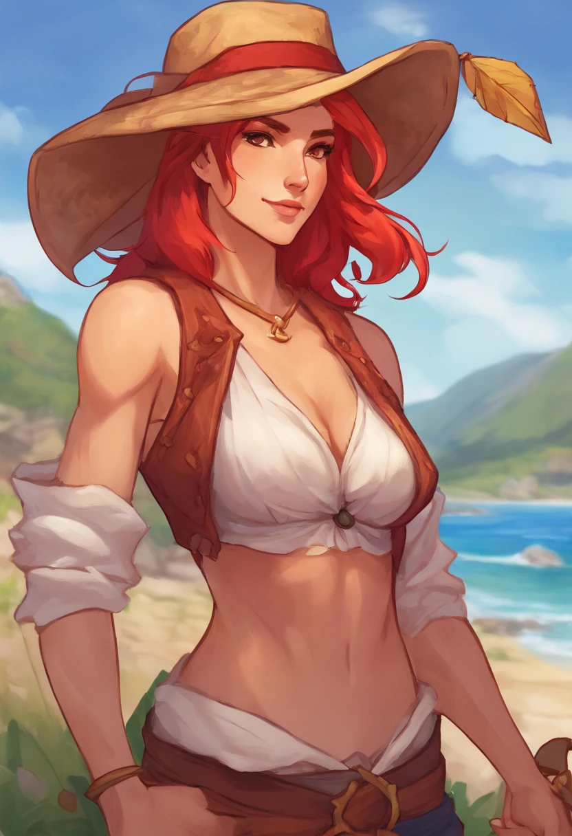 Buff woman with a jacket and a bra, tan skin, small breasts, sailor attire, beanie, red firey hair hair highlights, on the coast