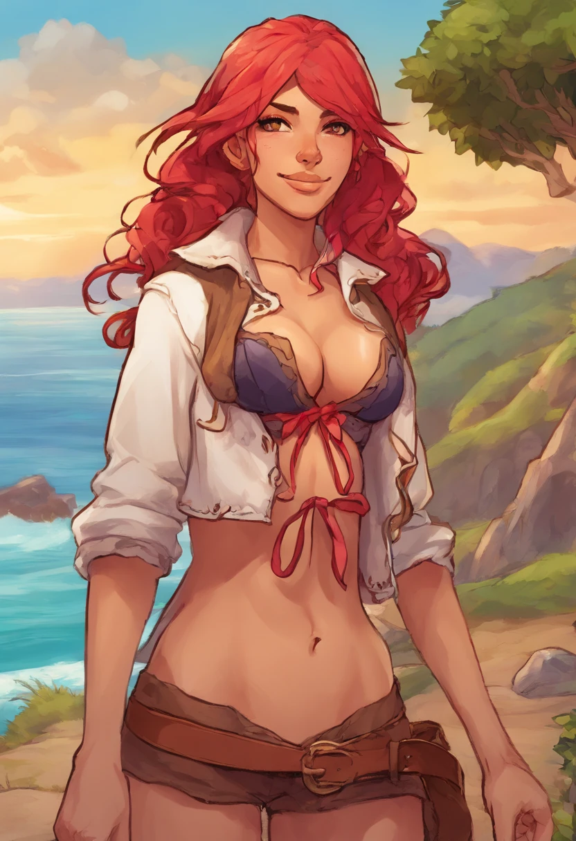 Buff woman with a jacket and a bra, tan skin, small breasts, sailor attire, beanie, red firey hair hair highlights, on the coast