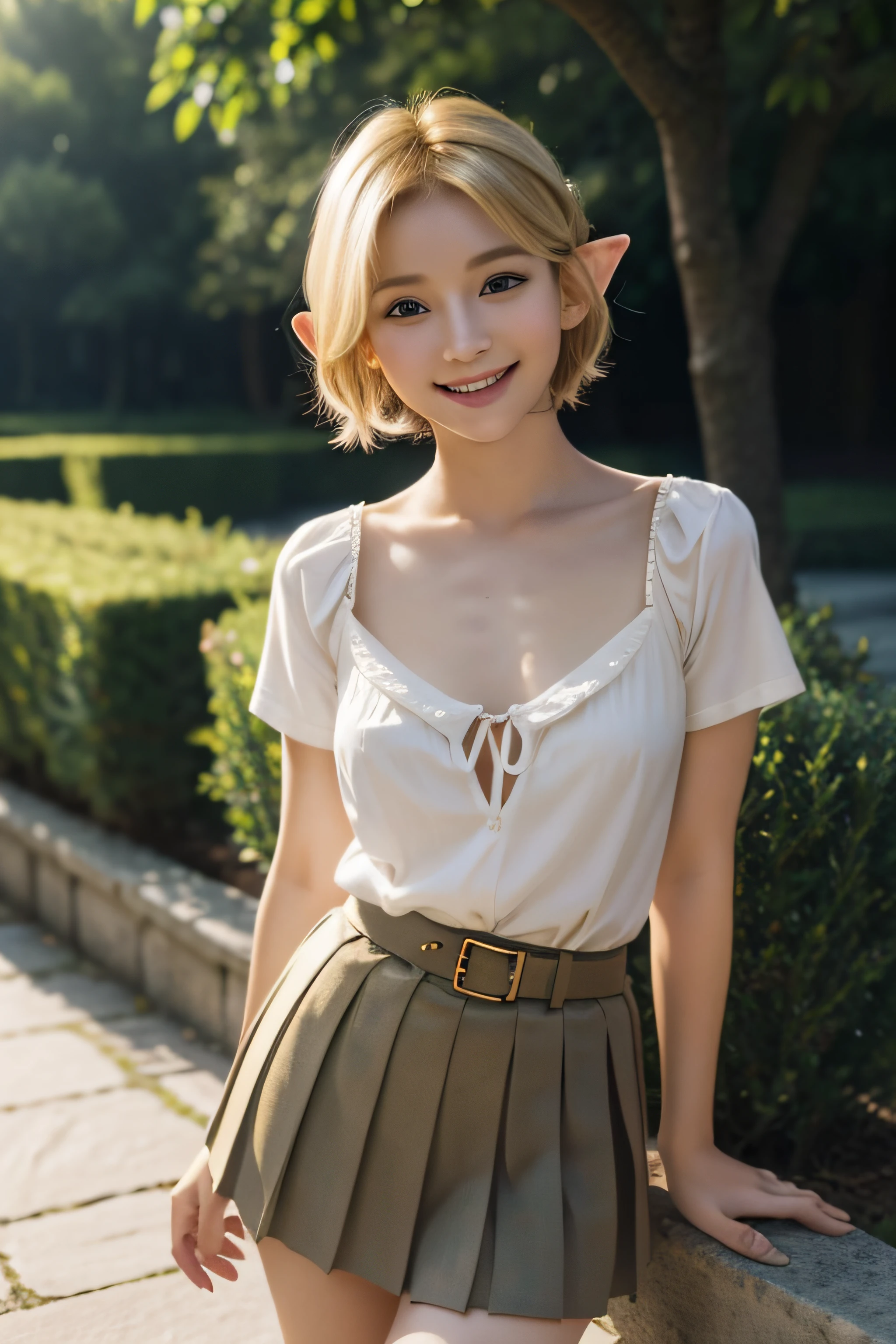 Masterpiece,best quality,ultra detailed,fantasy,cute face,(elf),blonde hair,short hair,smiling,natural lighting,very short length shirts with open chest,very short pleated miniskirt,outdoor