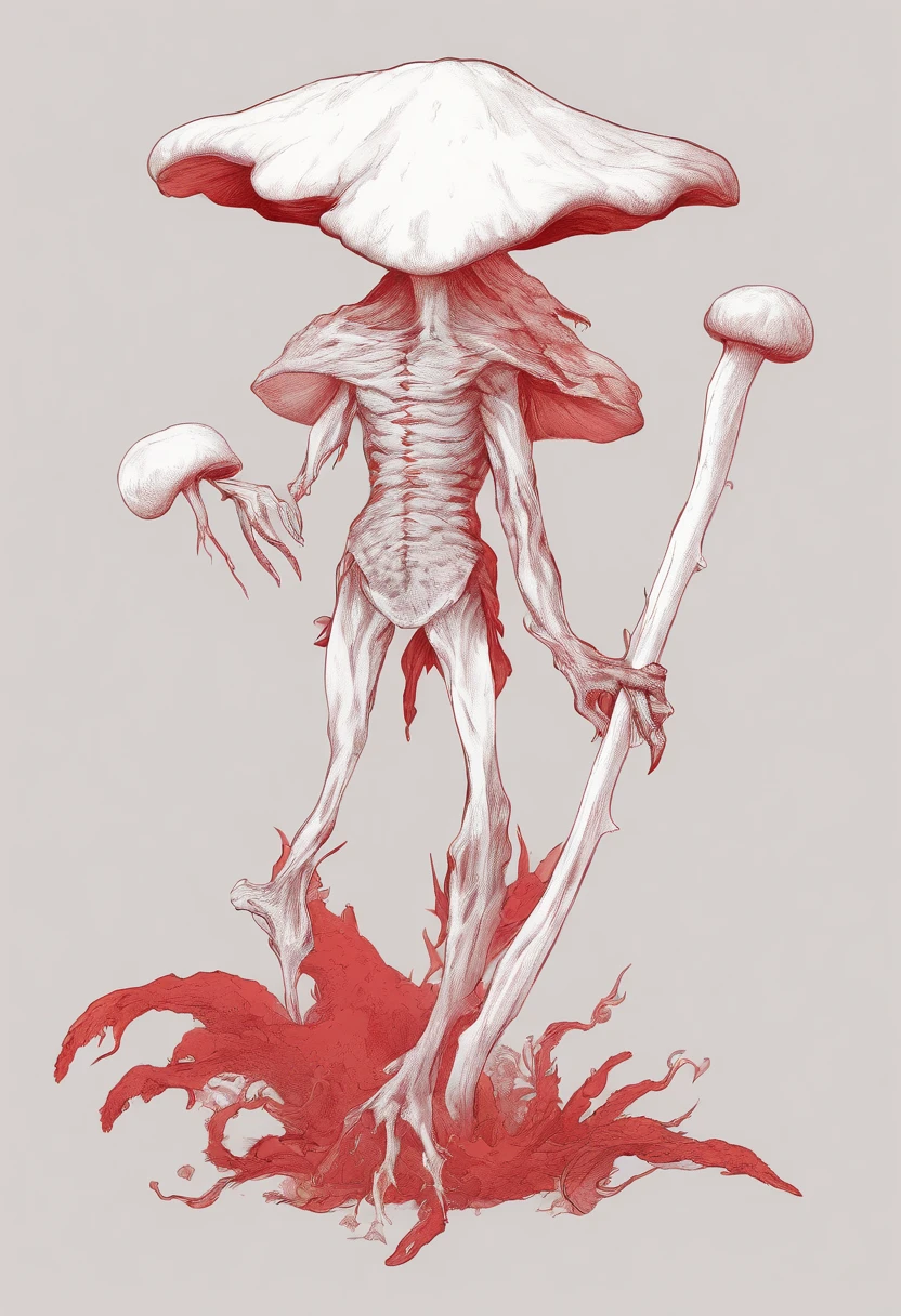 creepy white and red mushroom with male humanoid features, no facial details at all, long arms, very very tall, skinny stick like body