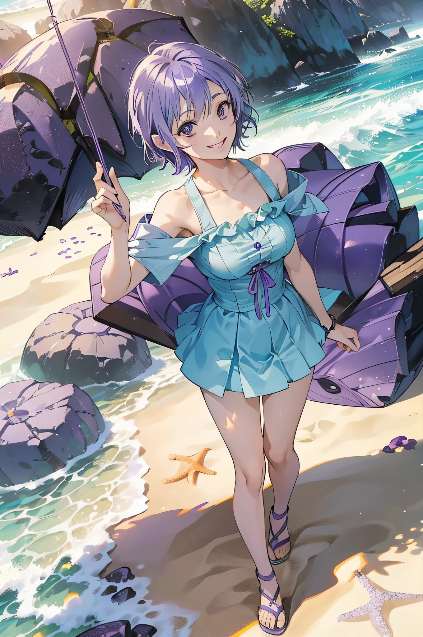 (((nami hayase))) (((short purple hair))) (((perfect purple eyes))) ((( on the beach, smiling)))  masterpiece, best quality, high quality, 1girl, full body,  hyper-detailed, 4K