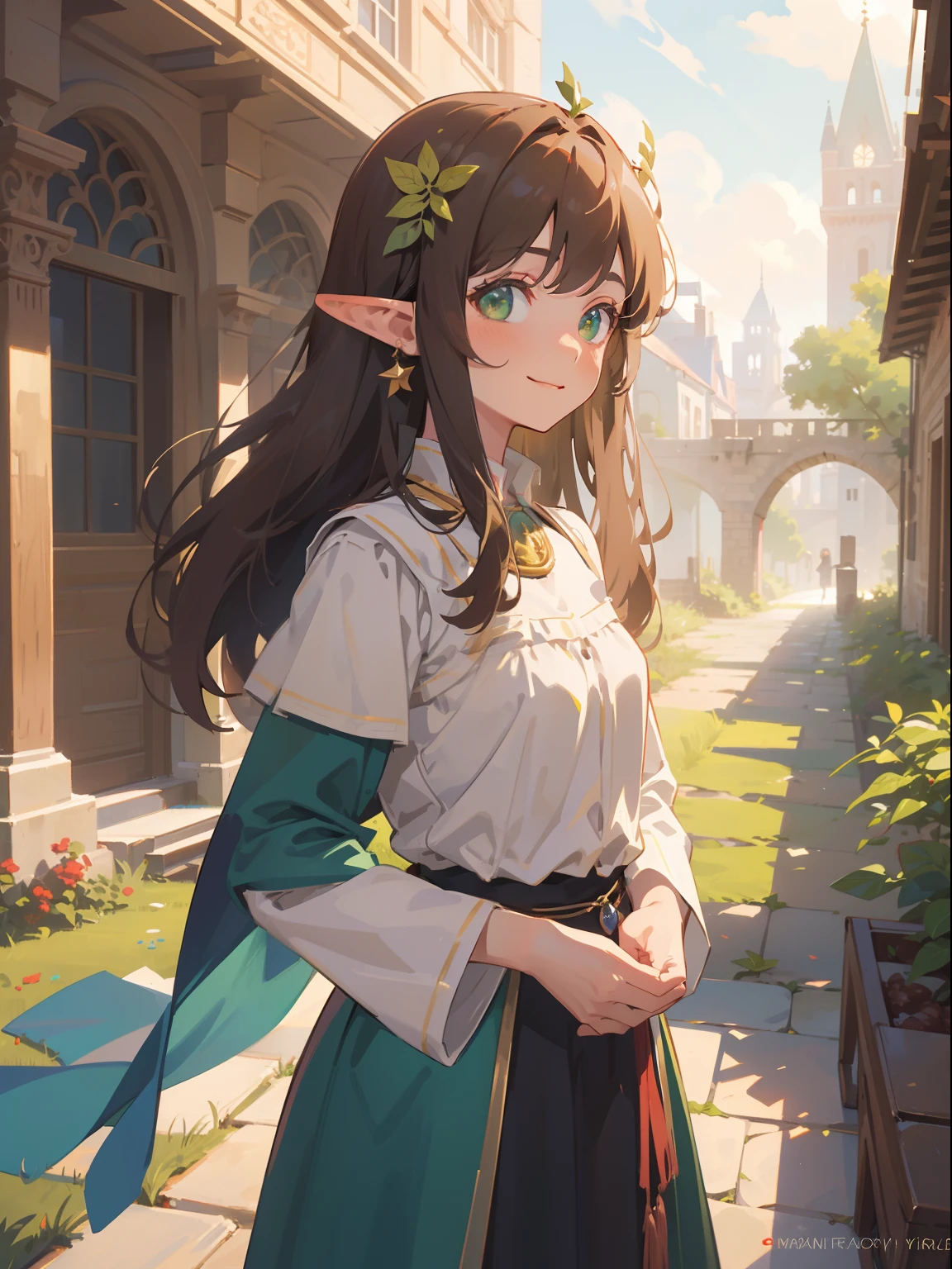 (masterpiece), (best quality), ultra high res, cold pastel tone, upper body, dutch shot, (from ground), lens flare, (medieval theme:1.2), ((1 mature woman, solo)), very stunning and gorgeous mature woman, beautiful detailed hair, chestnut brown hair, smooth long hair, beautiful detailed face, perfect beautiful face, (horns), (elf ears), ((beautiful shape eyes, green eyes)), look at the viewer, smirk, comfortable face, standing in the medieval city, (at the beautiful morning time:1.2), is in sexy armor