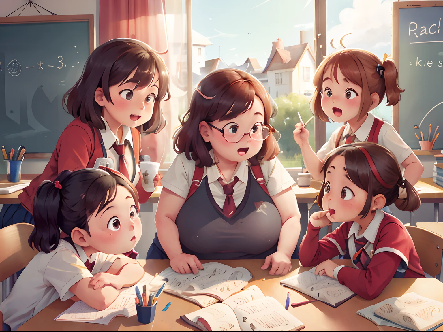 a landscape of a fat teacher, teaching 3 girls, school