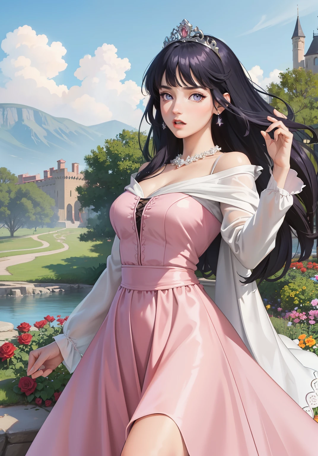 (auroraWaifu:1), surprised, beautiful pose, looking at the viewer, thick thighs, (long pink dress:1.2), (medium hair, tiara) :D, curvy, (holding a red rose:1),

(realistic: 1.2), (realism), (masterpiece: 1.2), (best quality), (ultra detailed), (8k, 4k, intricate), (full-body-shot: 1), (Cowboy-shot: 1.2), (85mm), light particles, lighting, (highly detailed: 1.2), (detailed face: 1.2), (gradients), sfw, colorful, (detailed eyes: 1.2),

(detailed landscape, garden, plants, castle: 1.2), (detailed background), detailed landscape, (dynamic angle: 1.2), (dynamic pose: 1.2), (rule of third_composition: 1.3), (line of action: 1.2), wide shot, daylight, soil, Blunt Bangs, purple eyes,dark blue hair