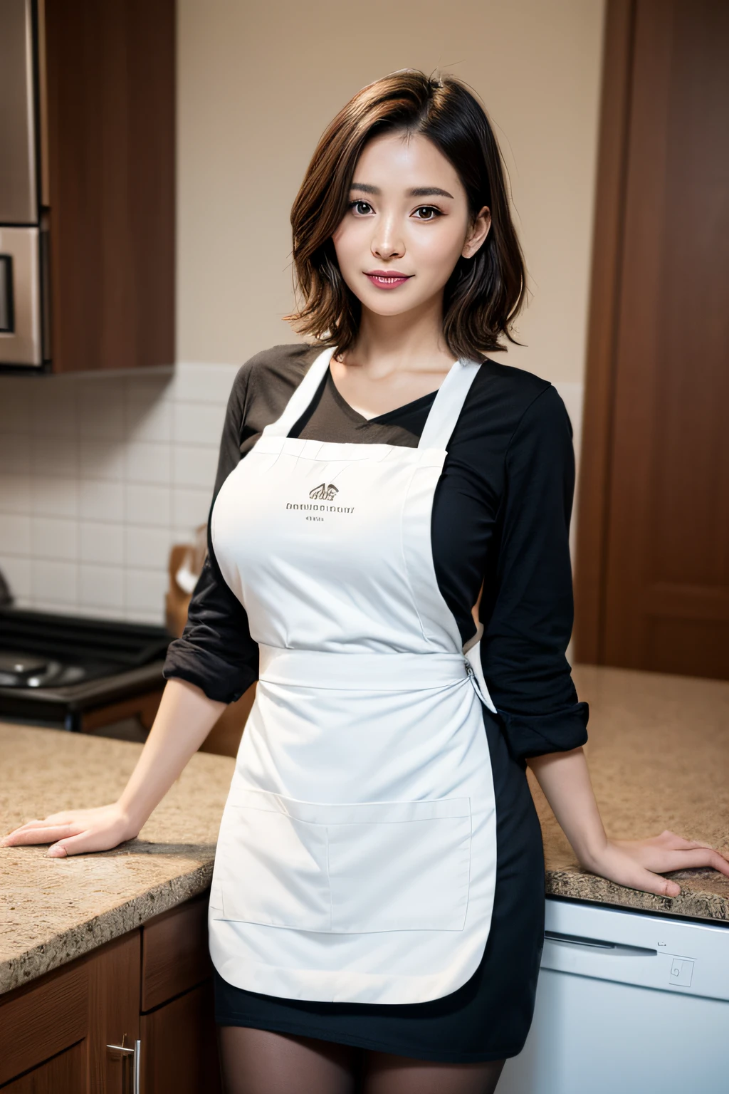 8k, highest quality, ultra details, housewife, cozy kitchen setting, apron, baking utensils, a warm smile, delicious freshly baked goods