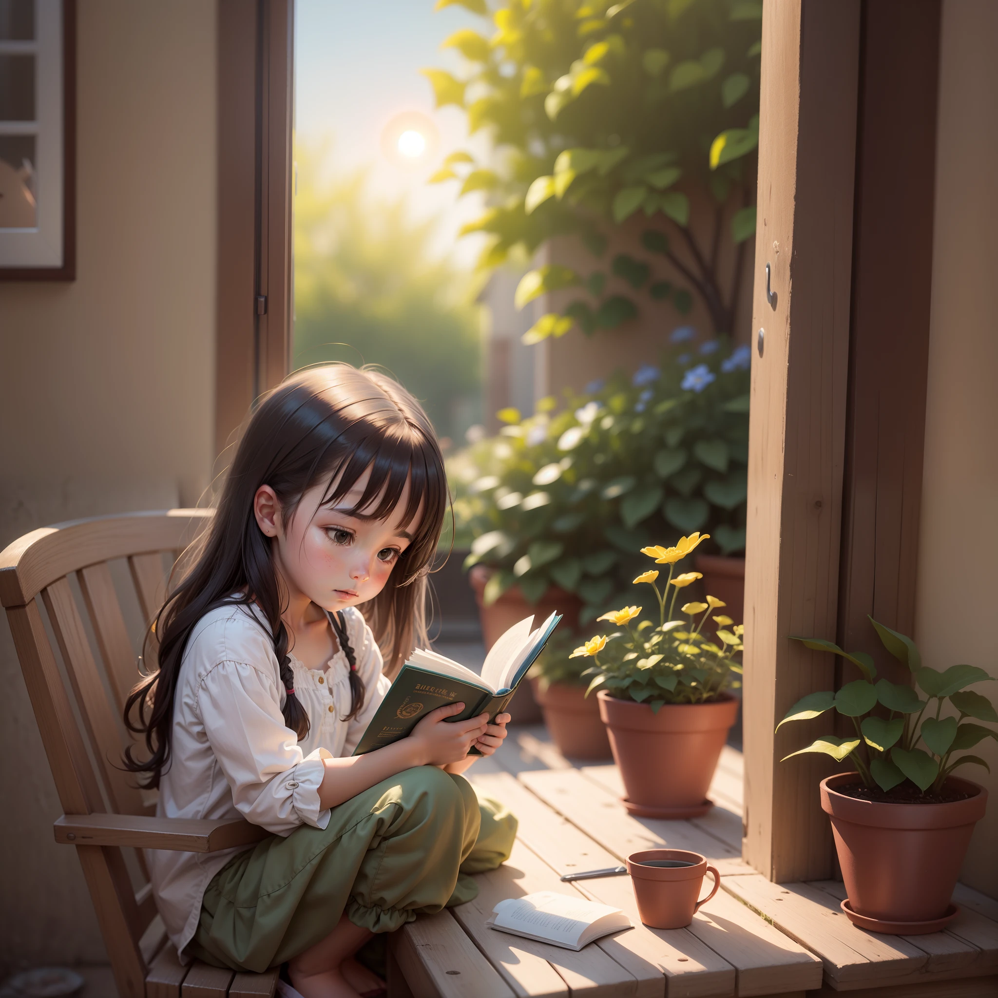 reading by the window, flower pots, and the sun was shining brightly, the detail, 4K, k hd, high high quality.