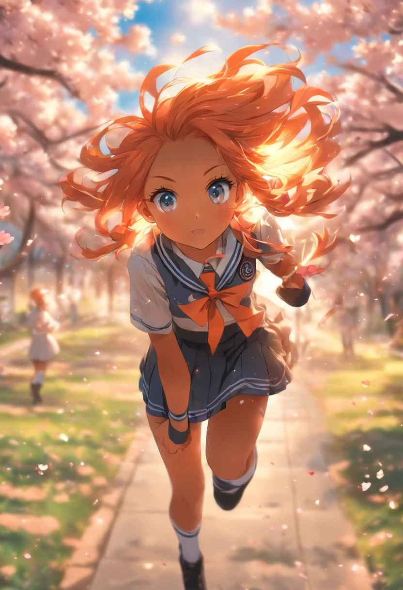 The most beautiful and gorgeous school girl, orange hair, blue eyes, dark skin, wearing school uniform and knee high socks, tattoos and piercings, cherry blossoms blowing in the wind, school campus, perfect masterpiece, high quality, high resolution