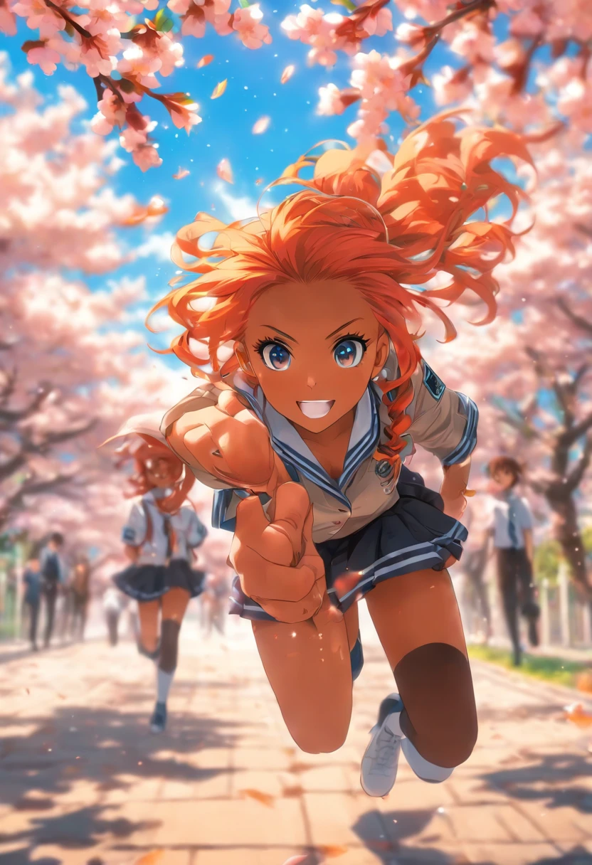 The most beautiful and gorgeous school girl, orange hair, blue eyes, dark skin, wearing school uniform and knee high socks, tattoos and piercings, cherry blossoms blowing in the wind, school campus, perfect masterpiece, high quality, high resolution