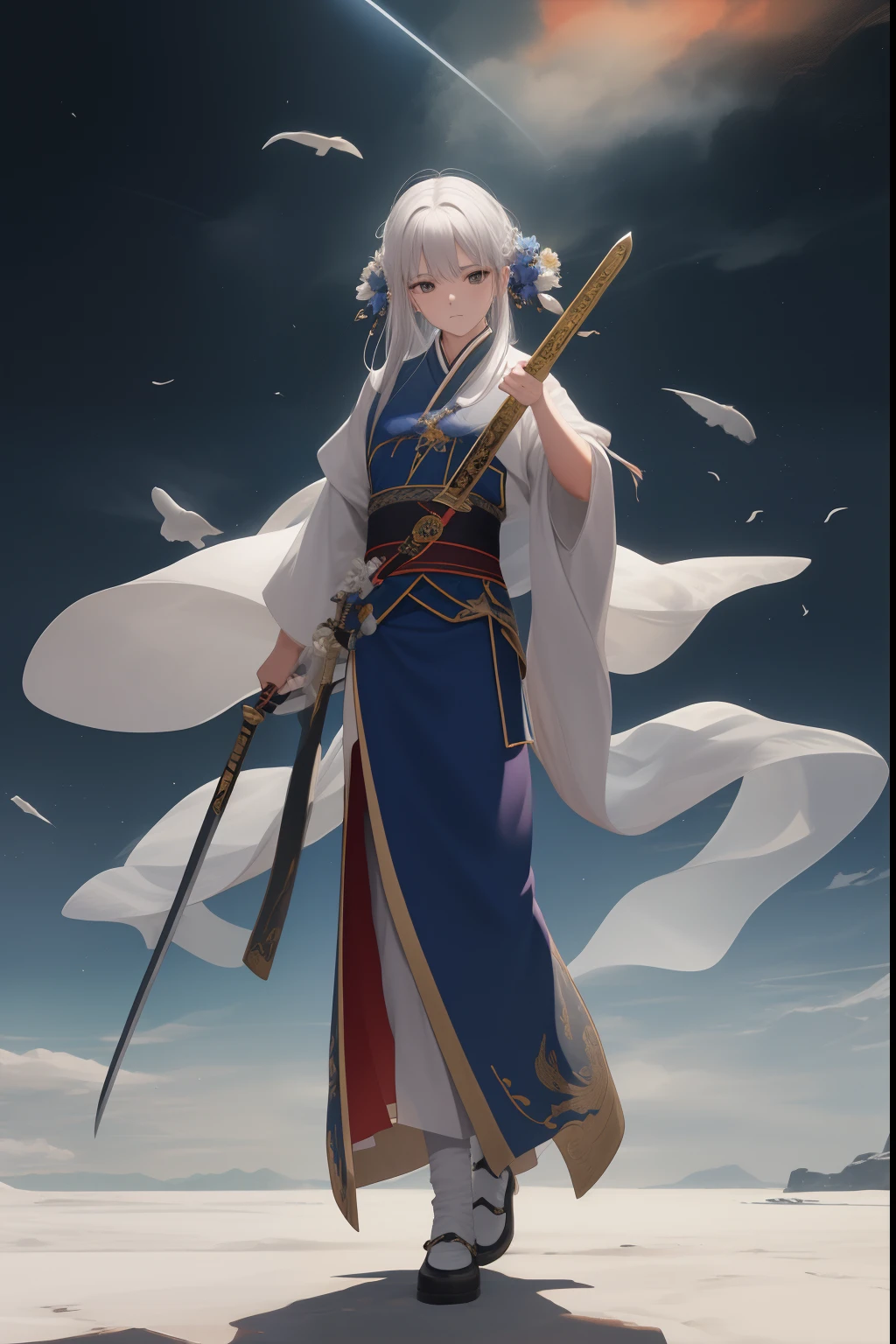 NSFW, obra-prima, melhor qualidade, ultra-detalhado, semi-realista, detailedfacialfeatures, 1mulher,usando roupas velha wuxia,voluptuoso,sensual,cabelos negros longos,roupa branca, audaciosa,holding in his left hand a thick and long sword,standing on top of a flying vessel,cenario montanhas nebulosas