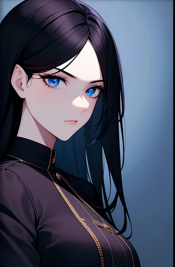 woman, black colored hair, medium length hair, dark blue colored eyes, serious face, moon scenario, dark blue sky