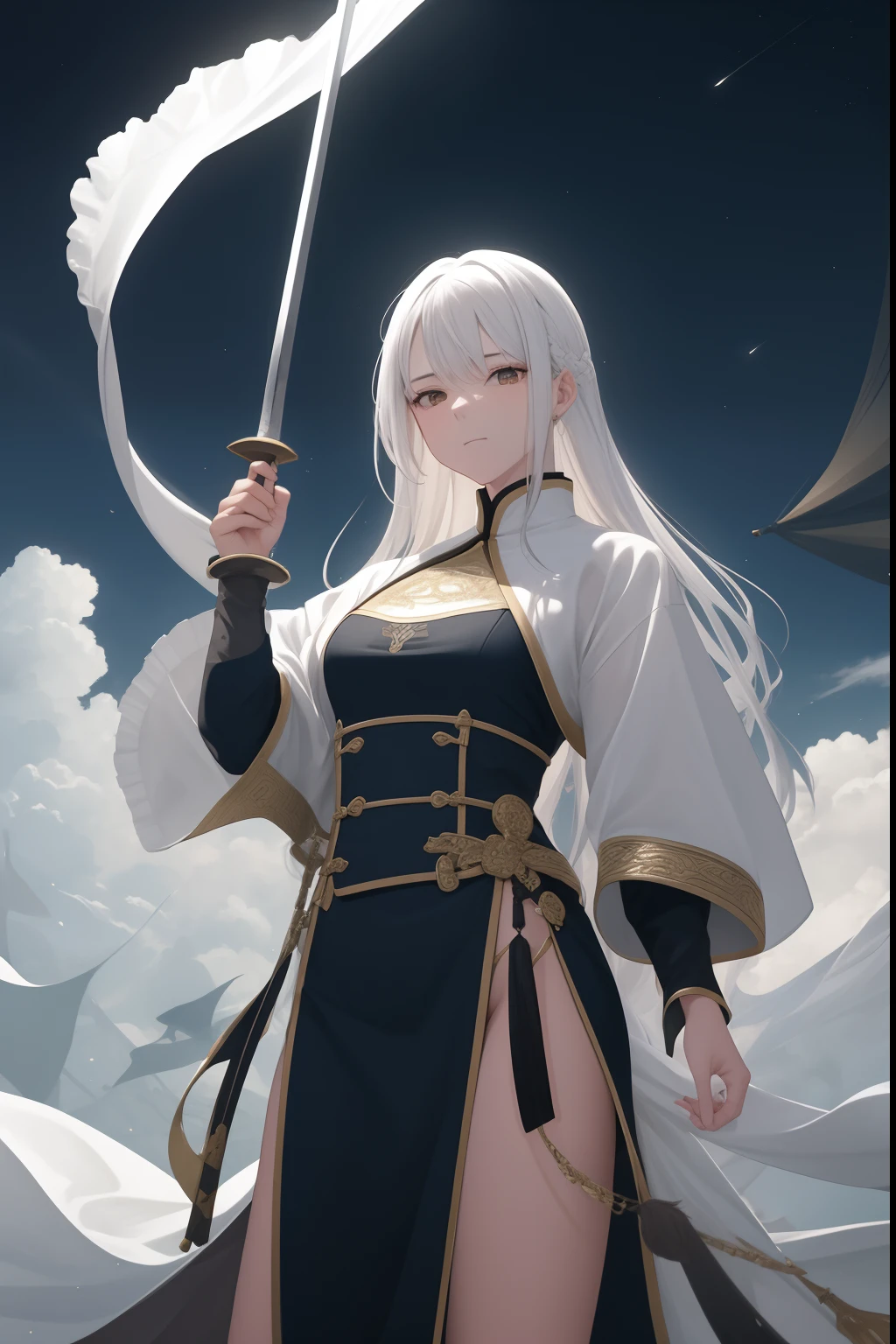 A white hair,Close-up of the woman holding the sword,Belle peinture de personnage,National style,A work of art in the national style,white-haired god,Epic,Wu Zhun Shifan