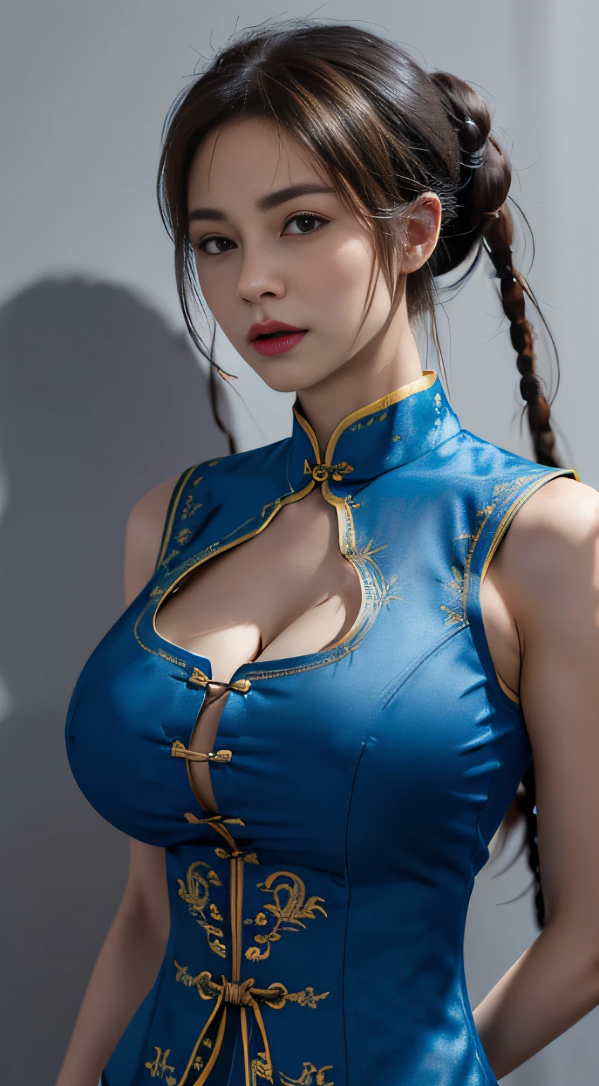 (dasha taran),(Huge breasts,huge breasts2.0,longbreast),Street Fighter - Chun-Li (ChunLi/chun li)gold embroidery,blue cheongsam, a twin bun tied on the left and right sides of her head.Stand-up collar, sleeveless, decorative buttons, waistband, slit,puff sleeves,string decoration,arm cover,light