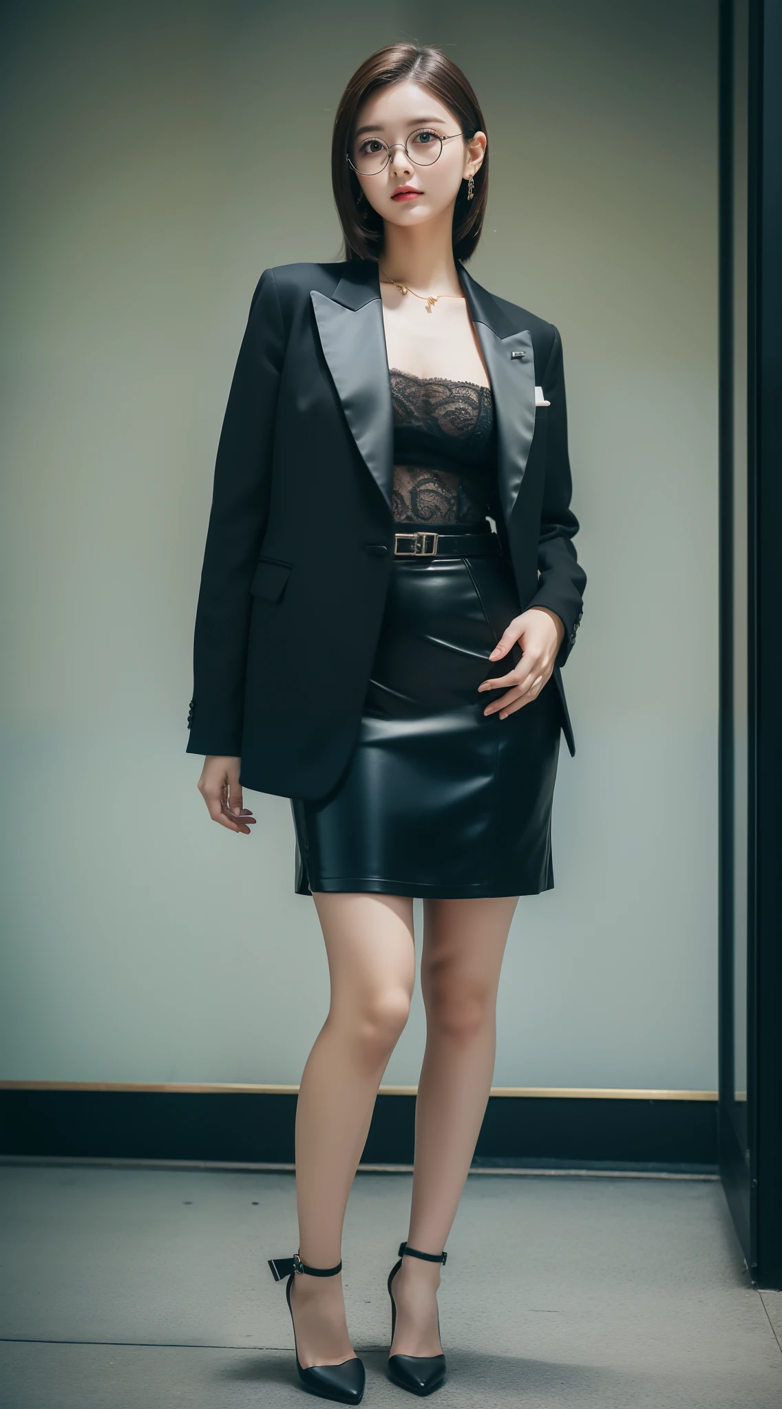 ((8k:1.27), best quality, masterpiece, golden ratio, ultra highres:1.2) Photo of cute idol girl (beautiful:1.1) (sci-fi warrior woman:1.1), cute japanese girl, 18 years old, fantasy, detailed, office photography, Hasselblad camera, depth of field, random hair, random hair color, solo girl, 1 girl, big breast: 1.5, rounded breast, full body photography, full black formal suit, black mini skirt, high heels, round glasses