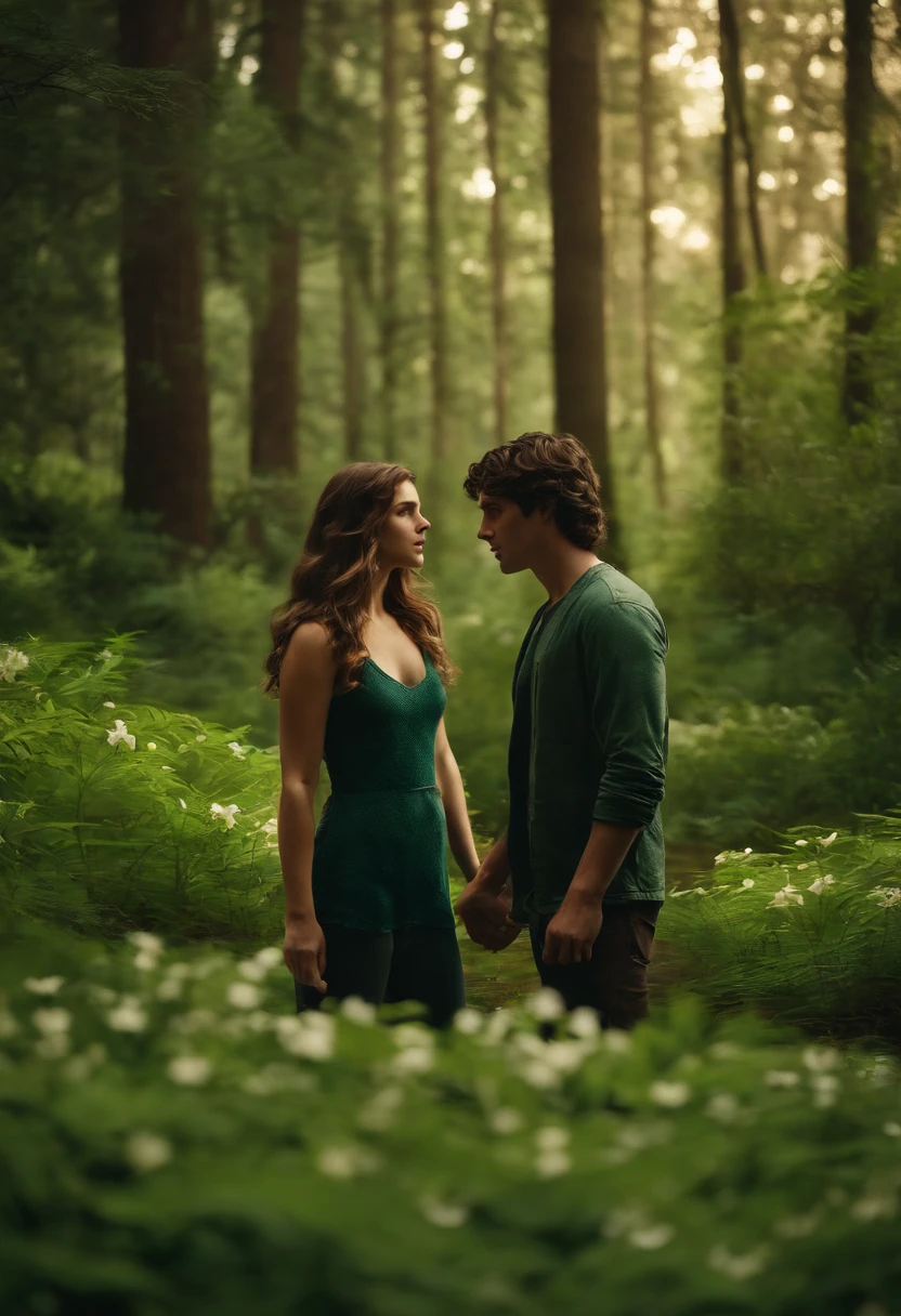 Percy jackson and girlfriend with wavy brown hair and green eyes, in a forest with lilies