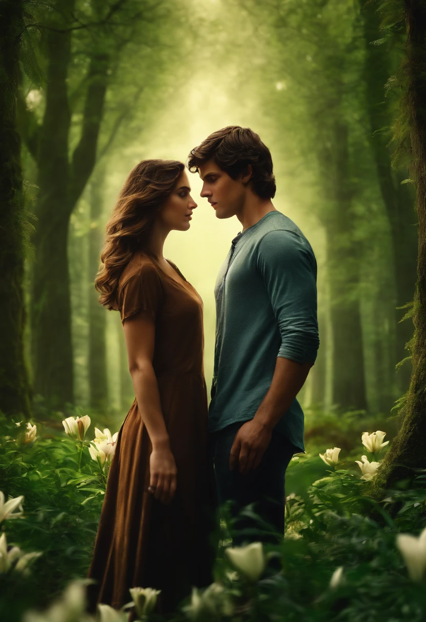 Percy jackson and girlfriend with wavy brown hair and green eyes, in a forest with lilies