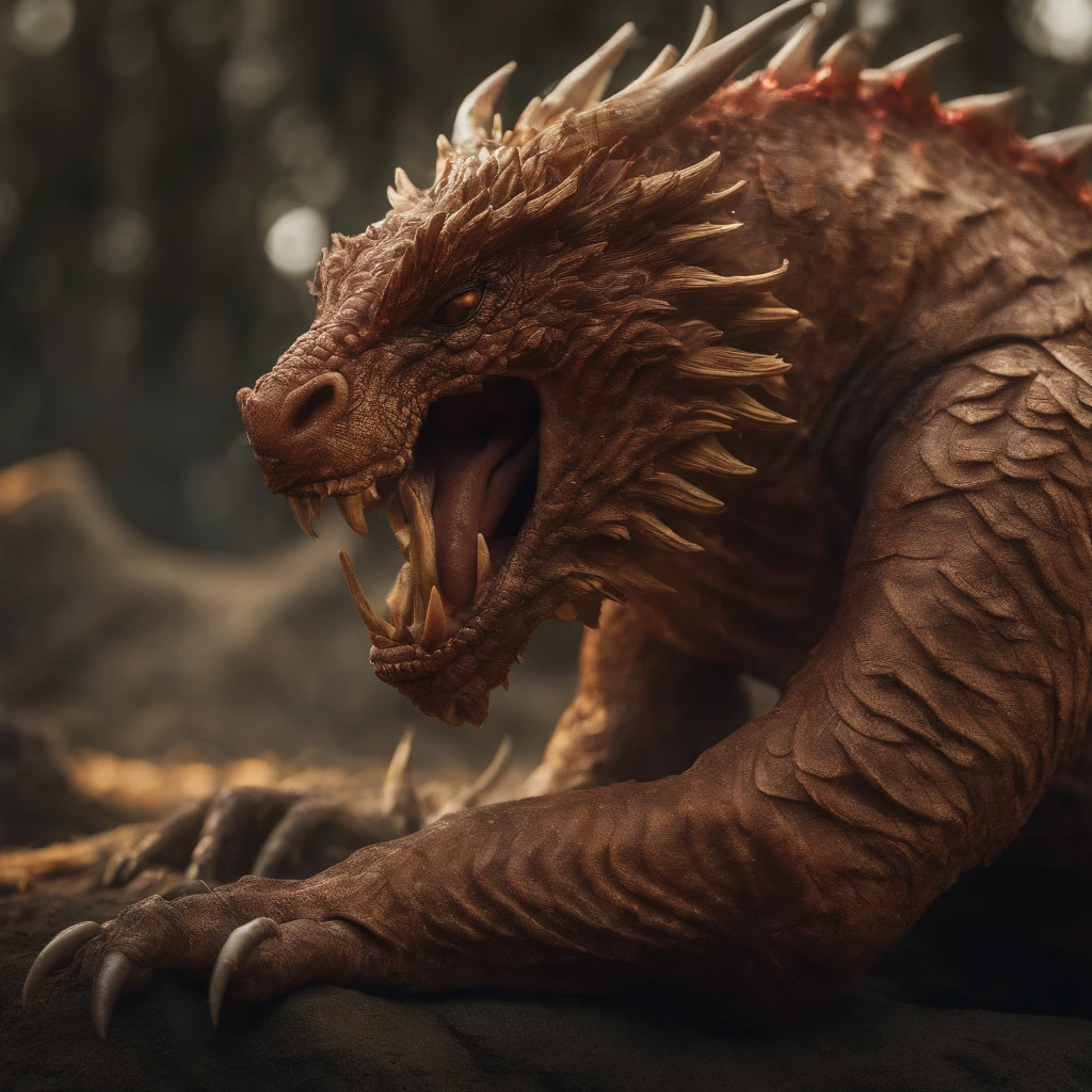 Golden Tenryu,Harsh red eyes,Close-up release of blood fire from the nose,Chest scales,high high quality,8K,Many details,Fire lettuce,Alas,4 legs,Spotted claws,golds,dangers,fires,dentes pontiagudos,big dragon,immensity,threatening,imponent