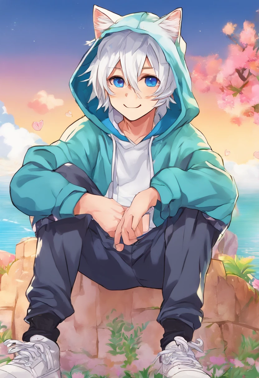 adult Male neko wearing a soft cute outfit, has bright blue eyes and long white hair, wearing black hoodie