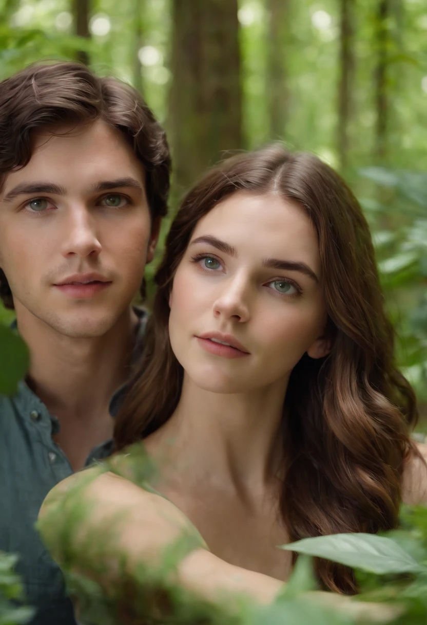 Percy jackson and girlfriend with wavy brown hair and green eyes, in a forest with lilies