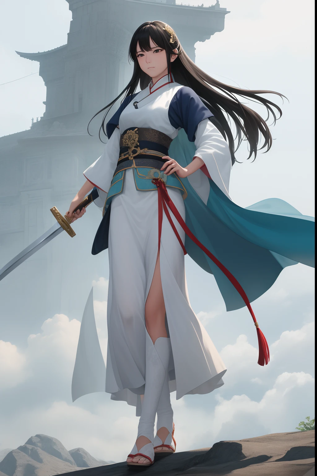 NSFW, obra-prima, melhor qualidade, ultra-detalhado, semi-realista, detailedfacialfeatures, 1mulher,usando roupas velha wuxia,voluptuoso,sensual,cabelos negros longos,roupa branca, audaciosa,holding in his left hand a thick and long sword,standing on top of a flying vessel,cenario montanhas nebulosas