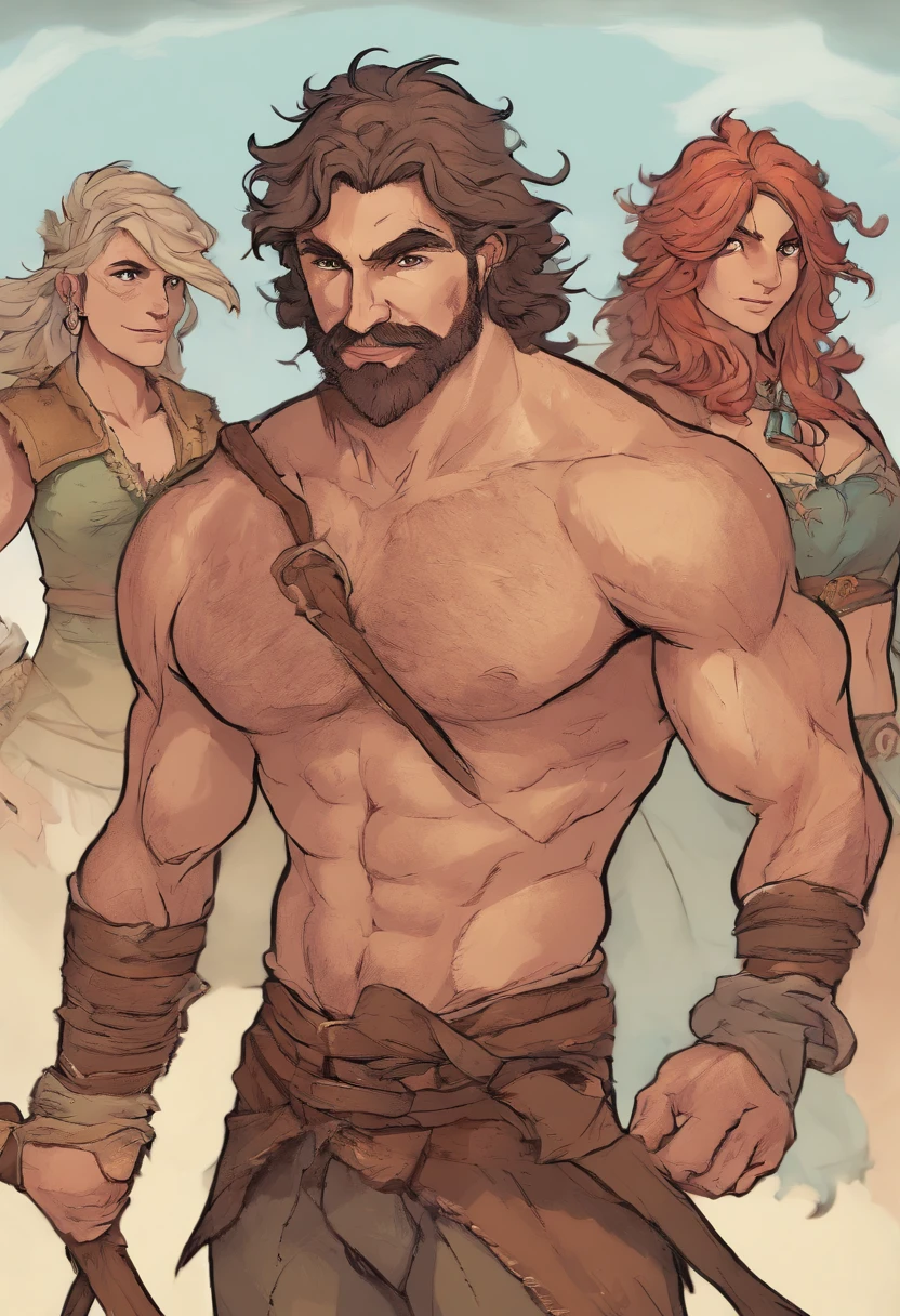 A closeup of two photos of a man with a beard and a man without a beard with a beard, in the same setting, in a room, one behind another in front, Artgerm and Genzoman, Caleb of critical role, human male character art, detailed character art, RPG portrait reference, D&D character commission, fantasy male portrait, d & d full body portrait, d & d character portrait, male character design