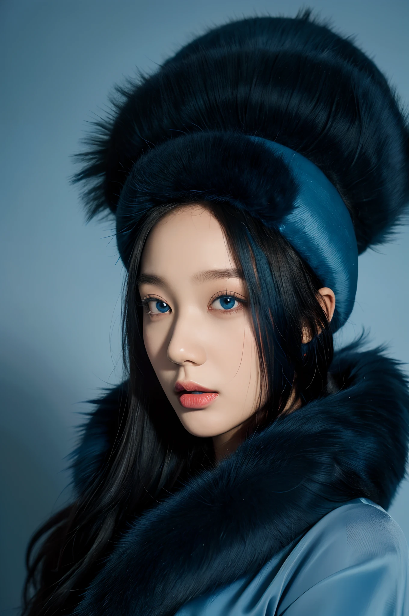 Masterpiece, Best quality, 1girll, Dark blue background, Black hair, Long curly hair, Face front, ((Blue fashion silk solitary clothing，Blue swirl pattern)), ((Blue plush fur hat)), Emotional face, (closeup portrait), make up, Studio light, Studio