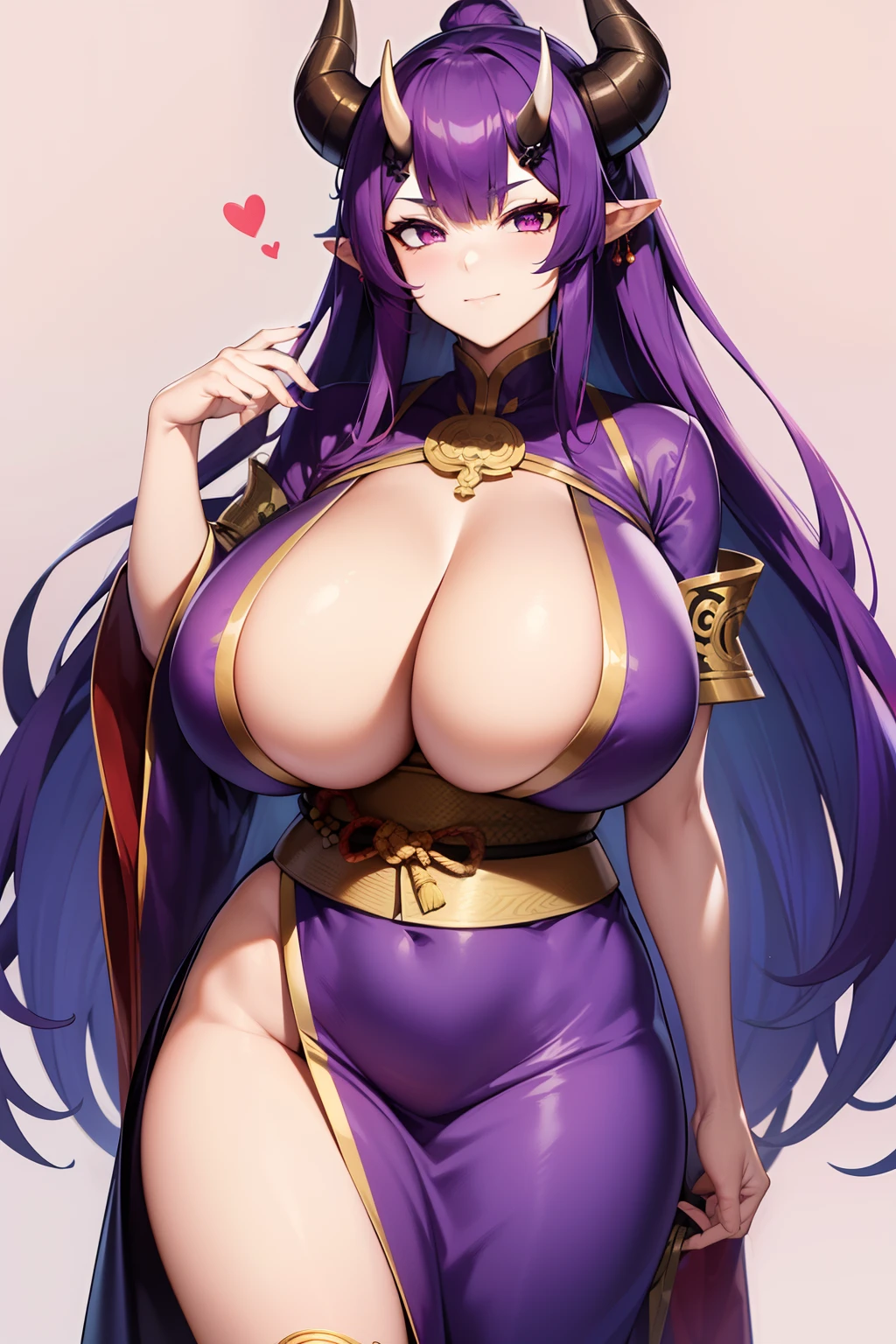 Anime, female, Oni, Japanese clothes, two ornate horns, very tall, massive breasts, purple hair, mischievous look