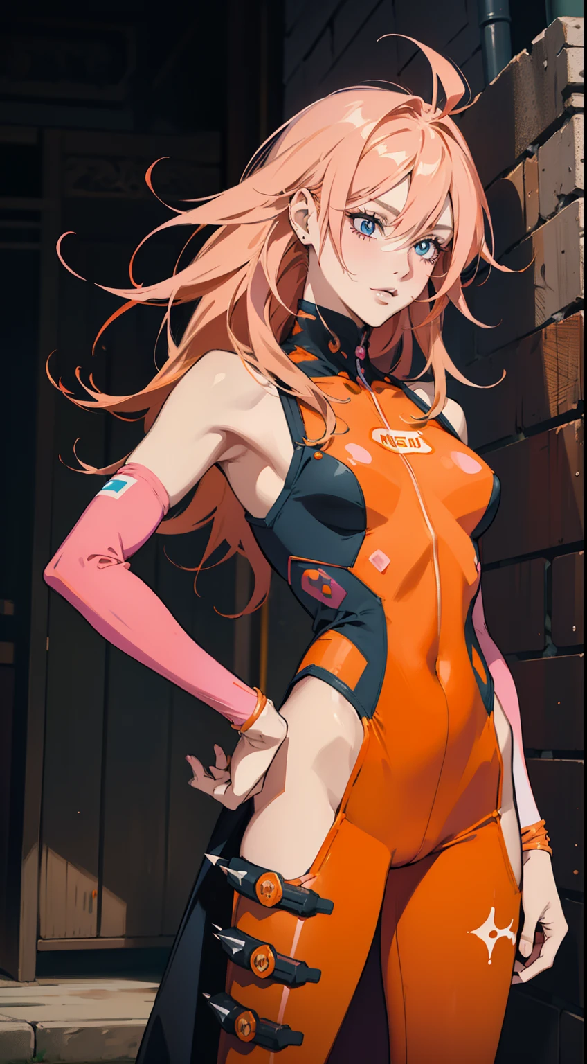 ((Best Quality)), ((Masterpiece)), ((Realistic)) tsuka kendou, 1woman, cute face, determined look, smile, long_legs, full_body, adult mature female ((spiky orange-pink hair,))((orange-pink mullet 1.1)), (long hair), bright cyan_eyes, (yellow_pupil,) hero, sleeveless blue_spandex_bodysuit, long orange-pink rabbit_ears, colored concept art, highly detailed character design, highly detailed face, Vivid and colorful colors, Delicate lines,