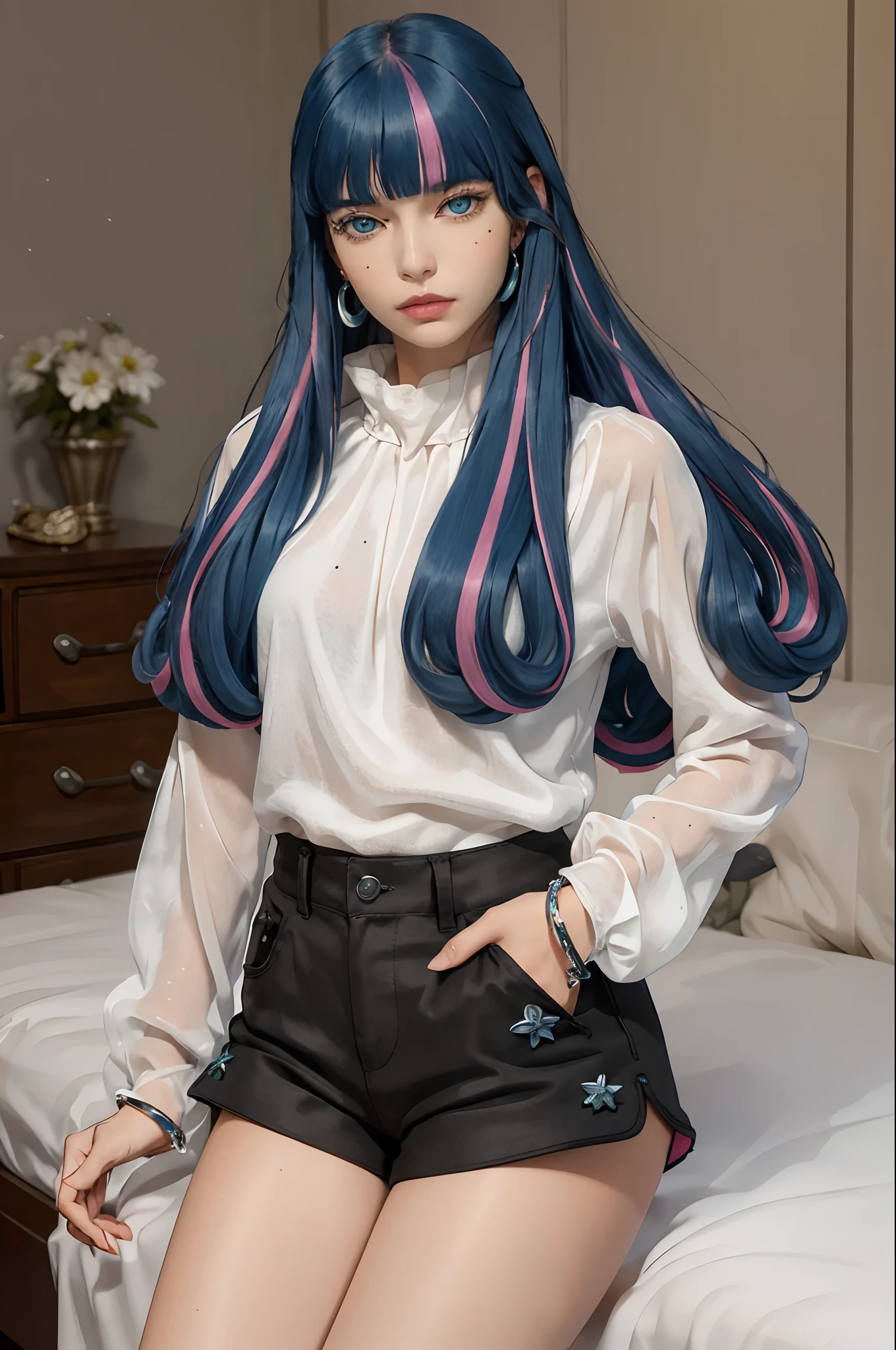 ((best quality)), ((highly detailed)), masterpiece, ((official art)), detailed face, beautiful face, (detailed eyes:1.3, deep eyes), (eida), long hair, looking at the viewer , bangs, blue eyes, shirt, long sleeves, jewelry, very long hair, blue hair, pink hair, colorful hair, earrings, sky, shorts, blunt bangs, stars (symbol), nail polish, bracelets , two-toned hair, striped hair, hands on hips, shorts, evening, black shorts, top quality high waist shorts, masterpiece, intricate details, tone mapping, sharp focus, highly detailed, trending on Artstation,1 girl, solo, top quality, masterpiece, intricate detail, tone mapping, sharp focus, highly detailed, trending on Artstation,1 girl, solo, (sitting on bed)