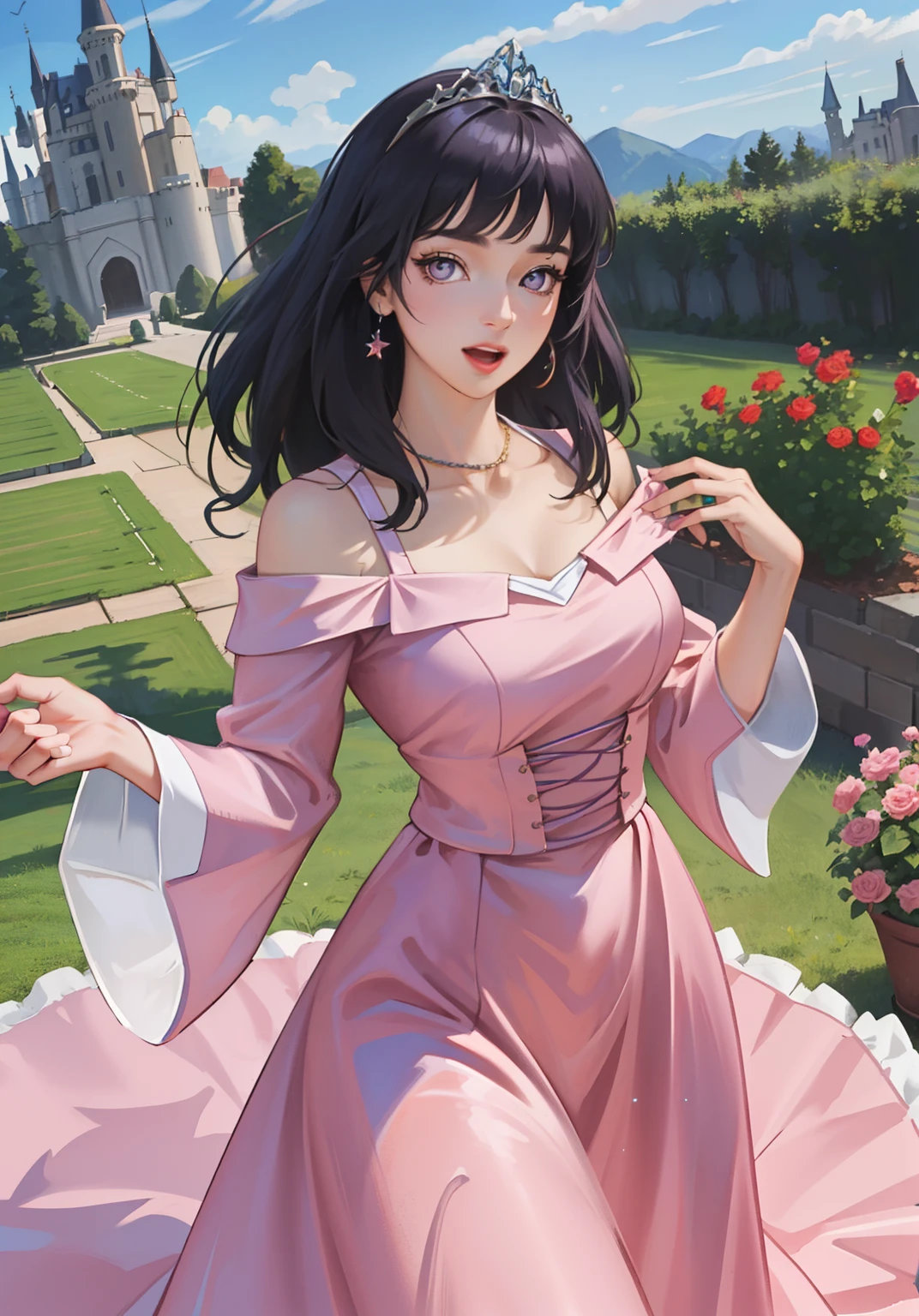 (auroraWaifu:1), surprised, beautiful pose, looking at the viewer, thick thighs, (long pink dress:1.2), (medium hair, tiara) :D, curvy, (holding a red rose:1),

(realistic: 1.2), (realism), (masterpiece: 1.2), (best quality), (ultra detailed), (8k, 4k, intricate), (full-body-shot: 1), (Cowboy-shot: 1.2), (85mm), light particles, lighting, (highly detailed: 1.2), (detailed face: 1.2), (gradients), sfw, colorful, (detailed eyes: 1.2),

(detailed landscape, garden, plants, castle: 1.2), (detailed background), detailed landscape, (dynamic angle: 1.2), (dynamic pose: 1.2), (rule of third_composition: 1.3), (line of action: 1.2), wide shot, daylight, soil, Blunt Bangs, purple eyes,dark blue hair