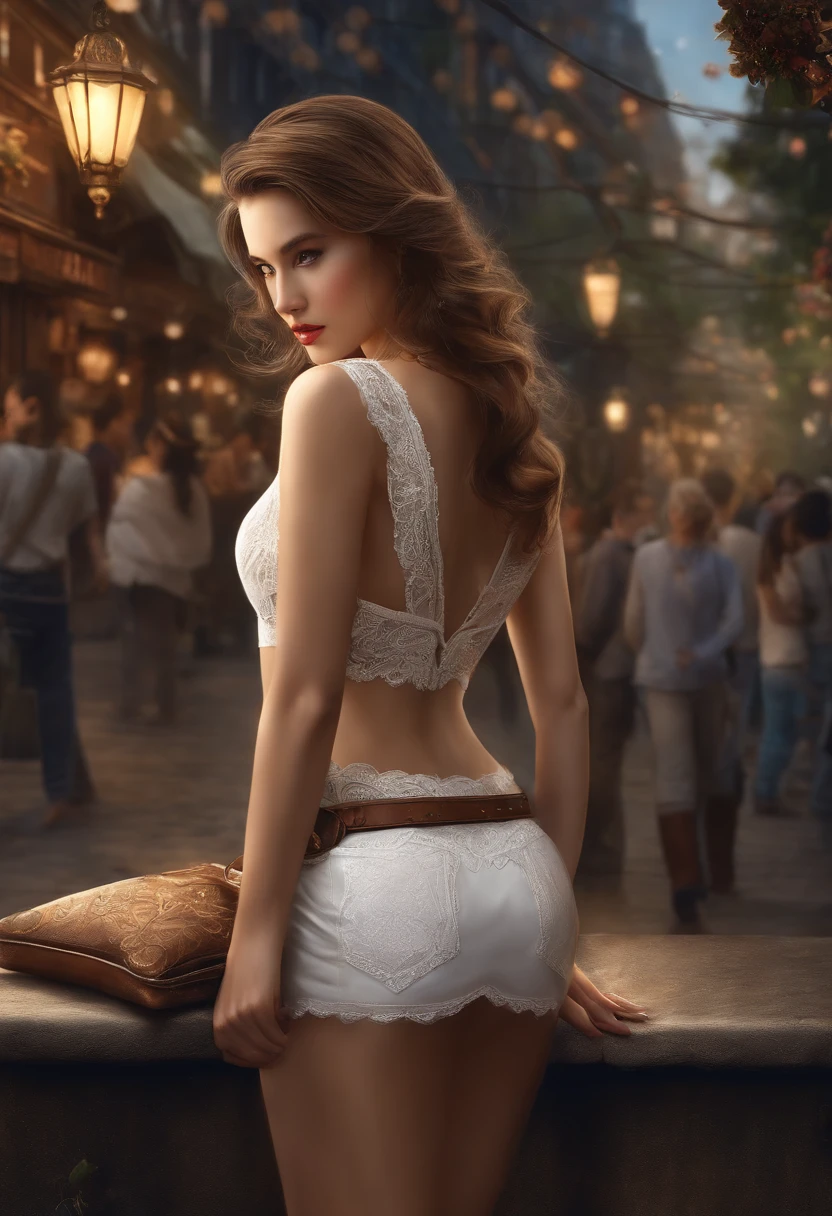 beautiful, 1woman with, black garter belt. miniskirt, very short leather, a white top. Marked abdominal muscles, clutch bag. Long brown hair, walking on a street in Seoul. Very real photo, Zael, intricately detailed image, fantasy, conceptual art, digital art, intricate, oil on canvas, masterpiece, expert, incredibly detailed, 4k resolution, fairy tale illustration, fantasy