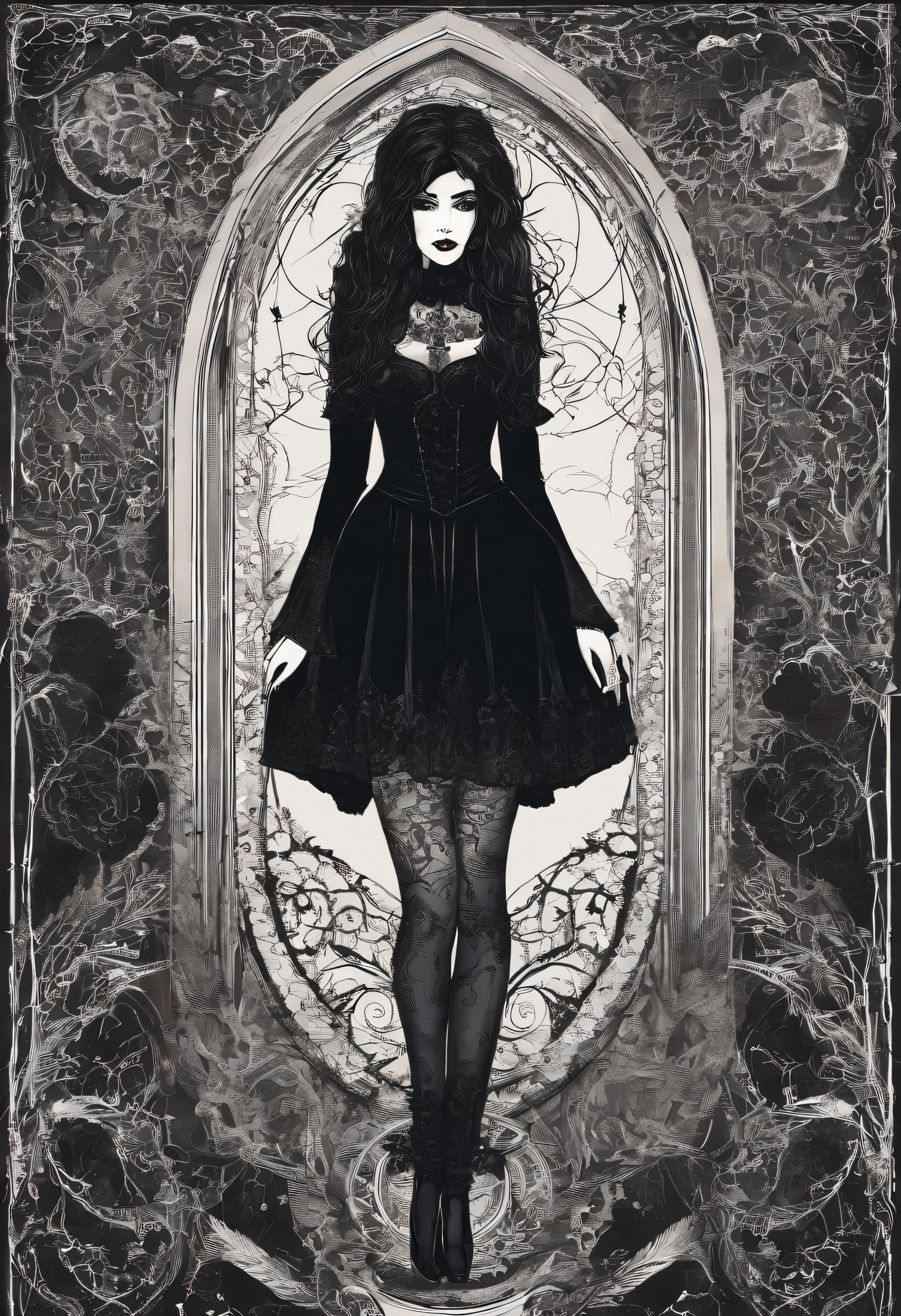 Vampire Girl in black dress and black pantyhose