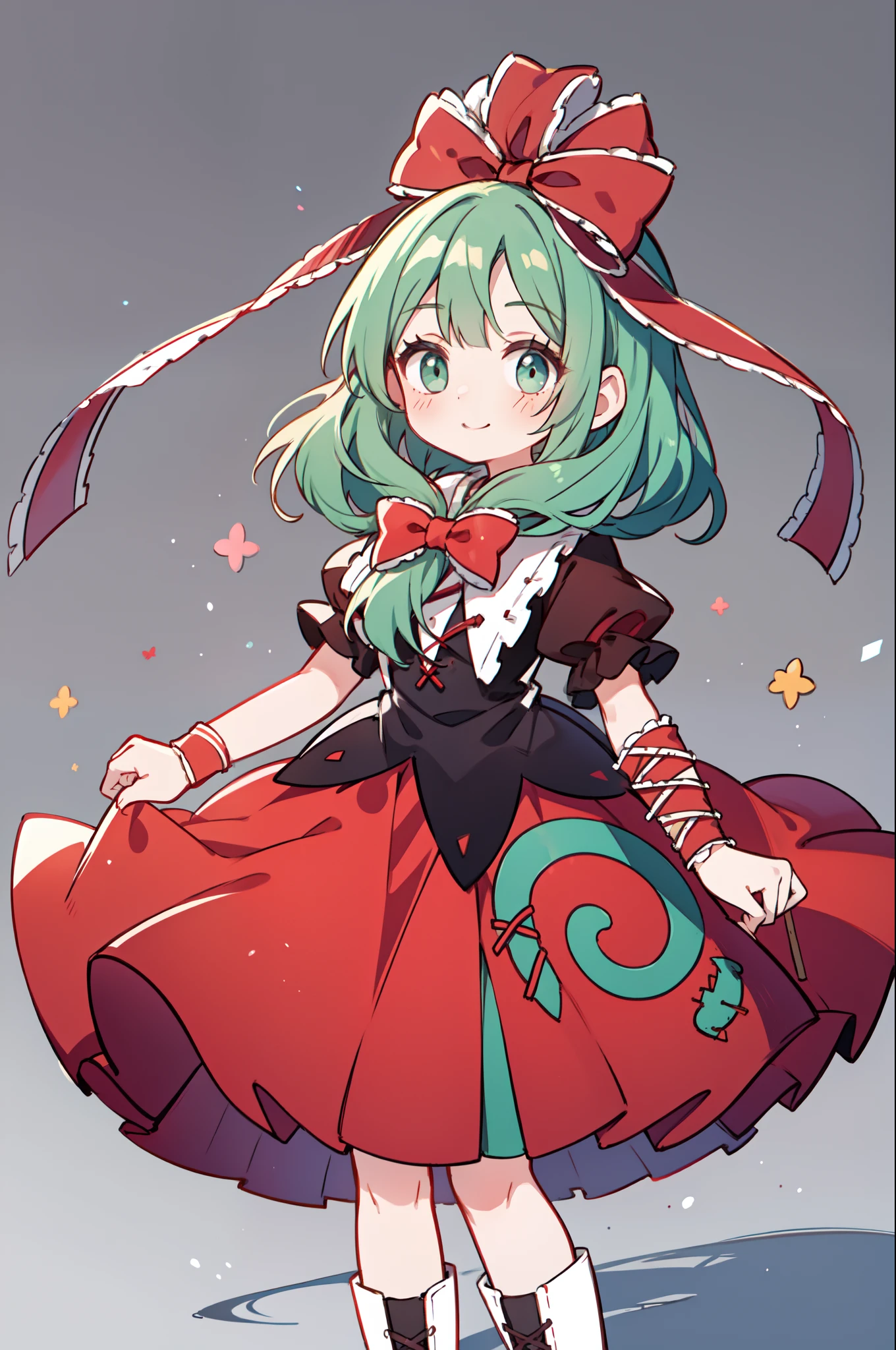 masutepiece, top-quality,  1girl in,Hina Kagiyama, Green hair, Green eyes, Front horsetail, Dress, bow ribbon, long boots, RED dress, frilld, Hair ribbons, Arm Ribbon, Short sleeves, long-haired, Bow, Hair Bow, greybackground, gaze at the audience, Puffy sleeves, Puffy Short Sleeves, Smile, Simple background, Red Ribbon, Pleated Ribbon, (nffsw:0.6) , Cowboy Shot, Lively images, Best Shadows, best light