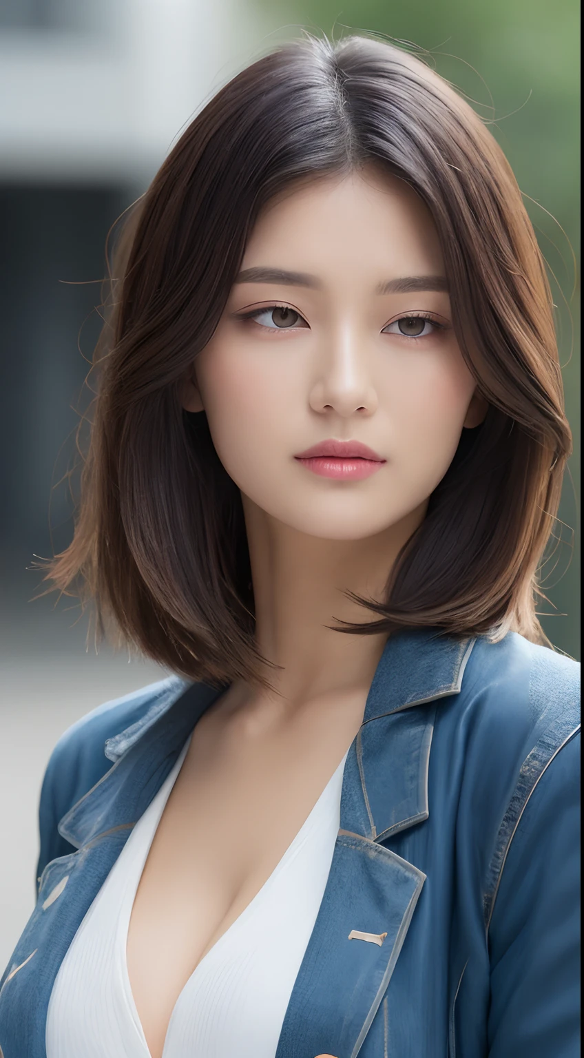 ((Best Quality, 8K, Masterpiece: 1.3)), Sharp: 1.2, Perfect Body Beauty: 1.4, Slim Abs: 1.2, ((Layered Hairstyle, Big Breasts: 1.2)), (Wet White Button Long Shirt: 1.1), (Rain, Street: 1.2), Wet: 1.5, Highly detailed face and skin texture, detailed eyes, double eyelids, side face looking at the camera