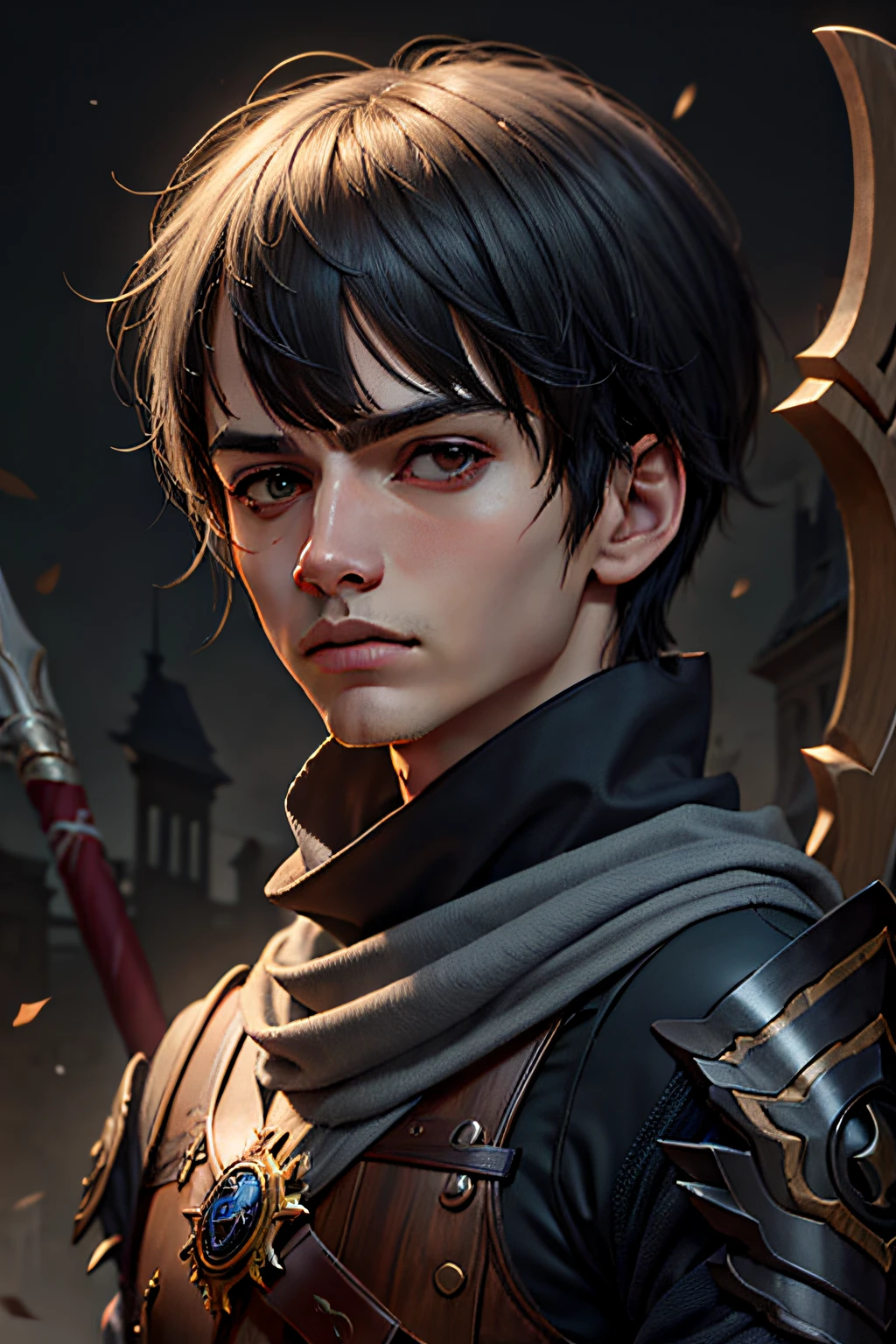 black bowl cut hair, male ,protagonist, black armor, torn grey scarf, wooden wizard staff, latin,