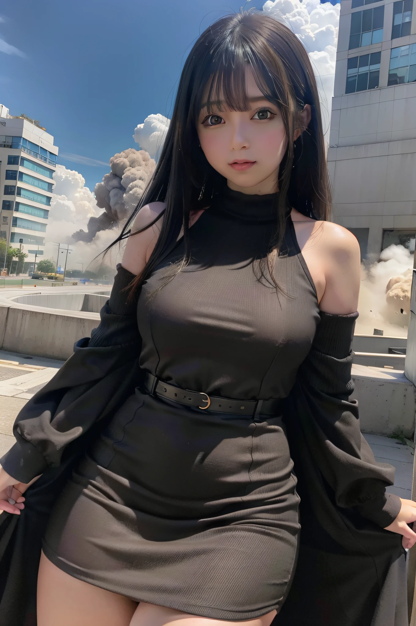  giantess, usando vestido curto, GTS cidade do ano 3333, City buildings, smoke billowing, nuvem, tornado, raios, Evil, realistic lighting, salto em altura, de baixo, aves voando,
