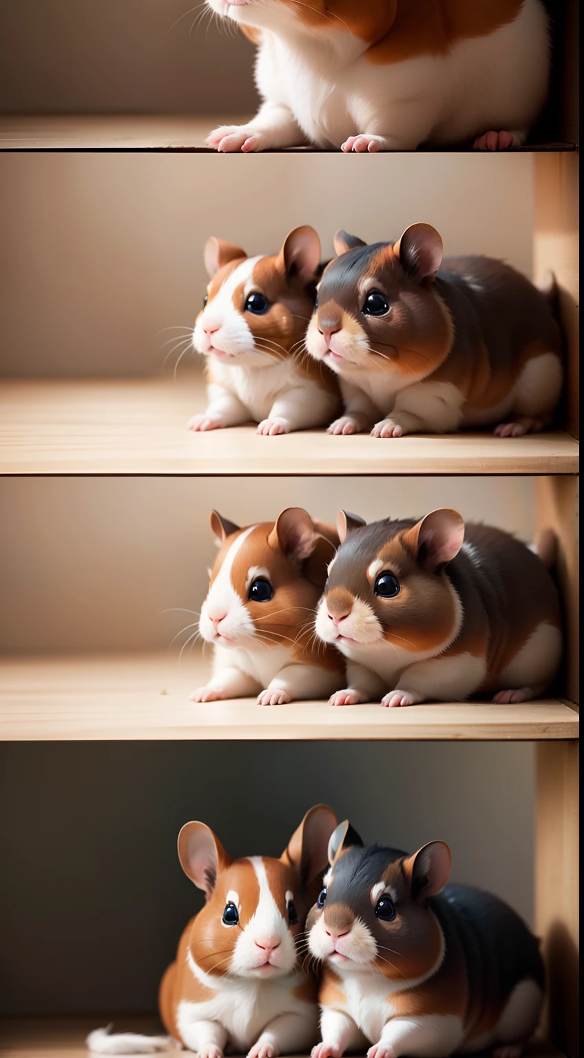 "Create an endearing artwork featuring two guinea pigs (cavies) joyfully playing with a girl. Imagine the girl interacting with the cavies in a heartwarming and playful manner, perhaps with a smile on her face as she feeds them or watches them explore their surroundings. Capture the sense of connection and friendship between the girl and these adorable pets. Convey the warmth and happiness in this delightful scene of human and animal companionship."
