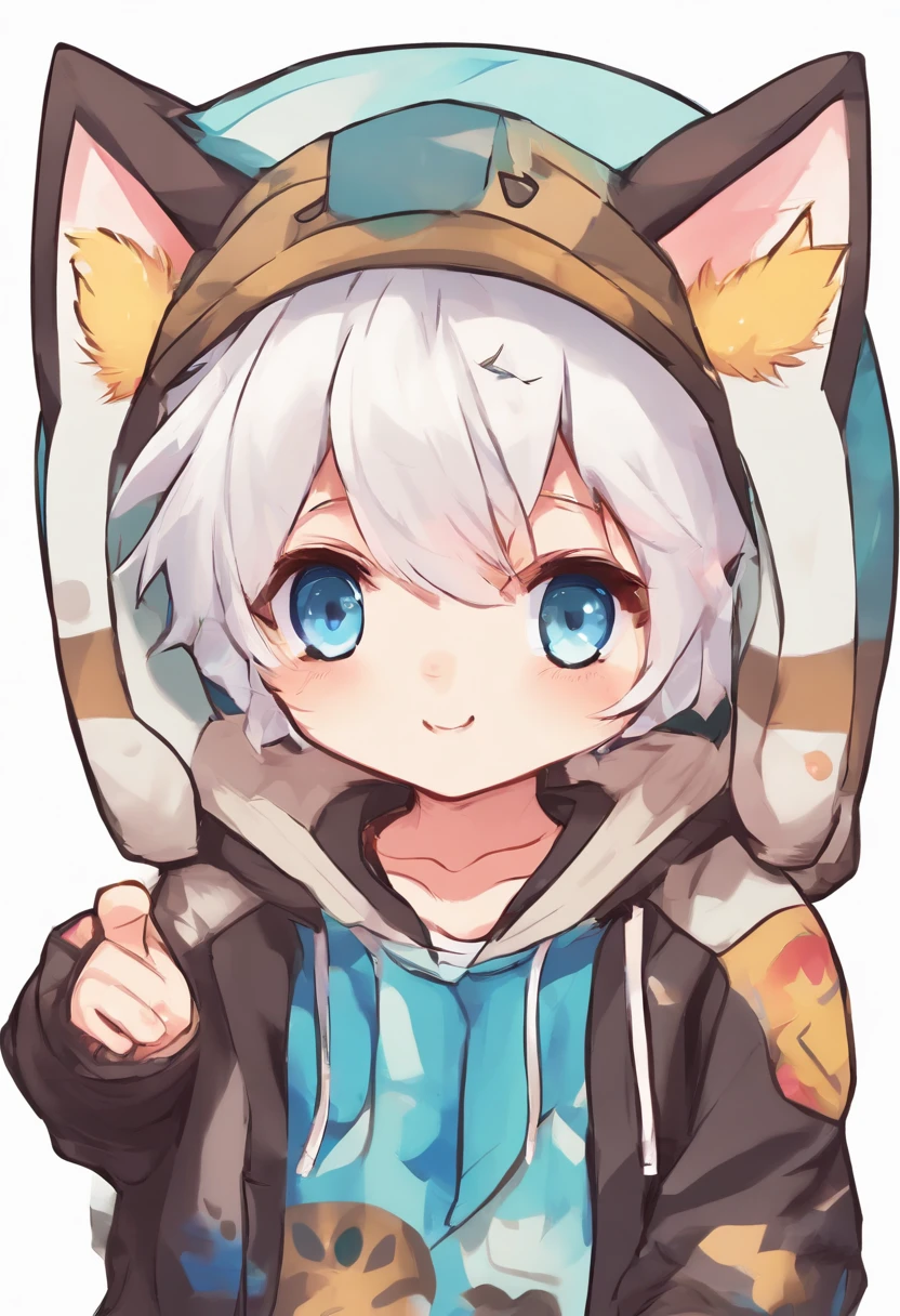 adult Male neko wearing a soft cute outfit, has bright blue eyes and long white hair, wearing black hoodie