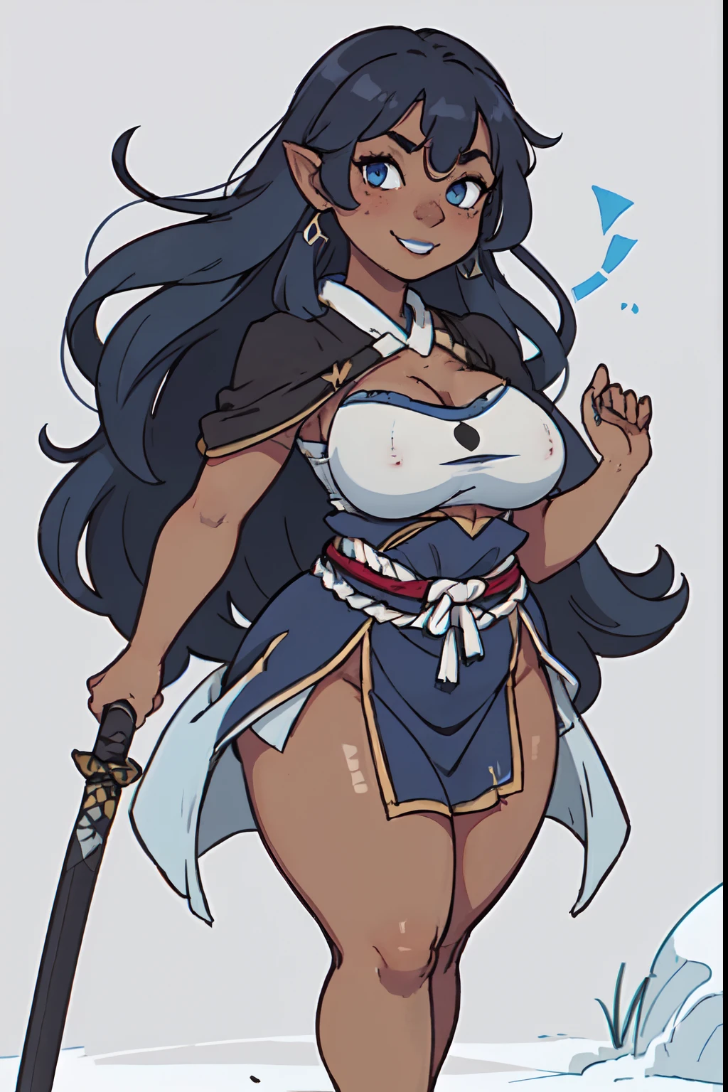 (1woman: 2), ((solo)), (dark skinned:1.8), (goblin_woman: 1.4), azure_blue_hair, very long hair, wide body, (huge breast: 1.9), hair between eyes, wide hips, blue eyes, wide legs, mole, mole on chest, age up, lips, big lips, big noise, thick eyebrows, (chubby:1.7), freckles, smile, (pirate cosplay: 1.6), eye patch, (pirate hat: 1.6), leather boots, crossing the ocean, (pirate sword: 1.6), (spread legs: 1.5)