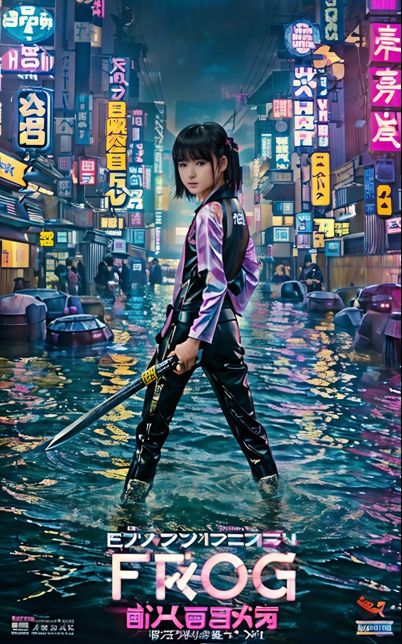 Movie poster with realistic pictures、Boyish teenage Japan girl standing in flooded Tokyo city、Turning around、With a very slender body、Wearing black slim denim、Wearing a monotone shirt、With cool shortcuts、He has a sharp gaze on you with determination、Armed with a long Japan sword、The realistic photo, Movie poster, movie title says:"frog" with small text says:"black rain," shows the deep submerged city of Tokyo with a cute, boyish, short hair teenage girl wearing a modern fashion likes girly parker style mixed with light diving suits, she is holding a long katana, cool posing, realistic photo, beautiful rendering of the water surface reflecting, The flickering pink and orange neon sign says:"frog", 8k, wallpaper, (incredibly_absurdres,huge_filesize:1.37),(​masterpiece:1.37),(top-quality:1.37),(realisitic,Photorealsitic:1.2),Ray traching,Realistic lighting,(illuminations,Glow),((film grains:1.37)),(Exquisite details and textures:1.2),(8K分辨率:1.2),(ultra -detail:1.2),(Sharp Focus 1.2),(RAW Photography:1.0),(Beautiful Detail Face、Beautiful Detail Eye、 radiant eyes、long eyeslashes、blush of the nose:1.2)、((((perfect anatomia))))、full bodyesbian、ceremony、1girl in、独奏、a beauty girl、high class、(A slender:1.37)、(cute  face)、(Natural glowing skin:1)、(Detailed natural beautiful skin、detailed skin textures、Detailed black hair、Well-formed hairstyles)、Facial light、(ciinematic light)