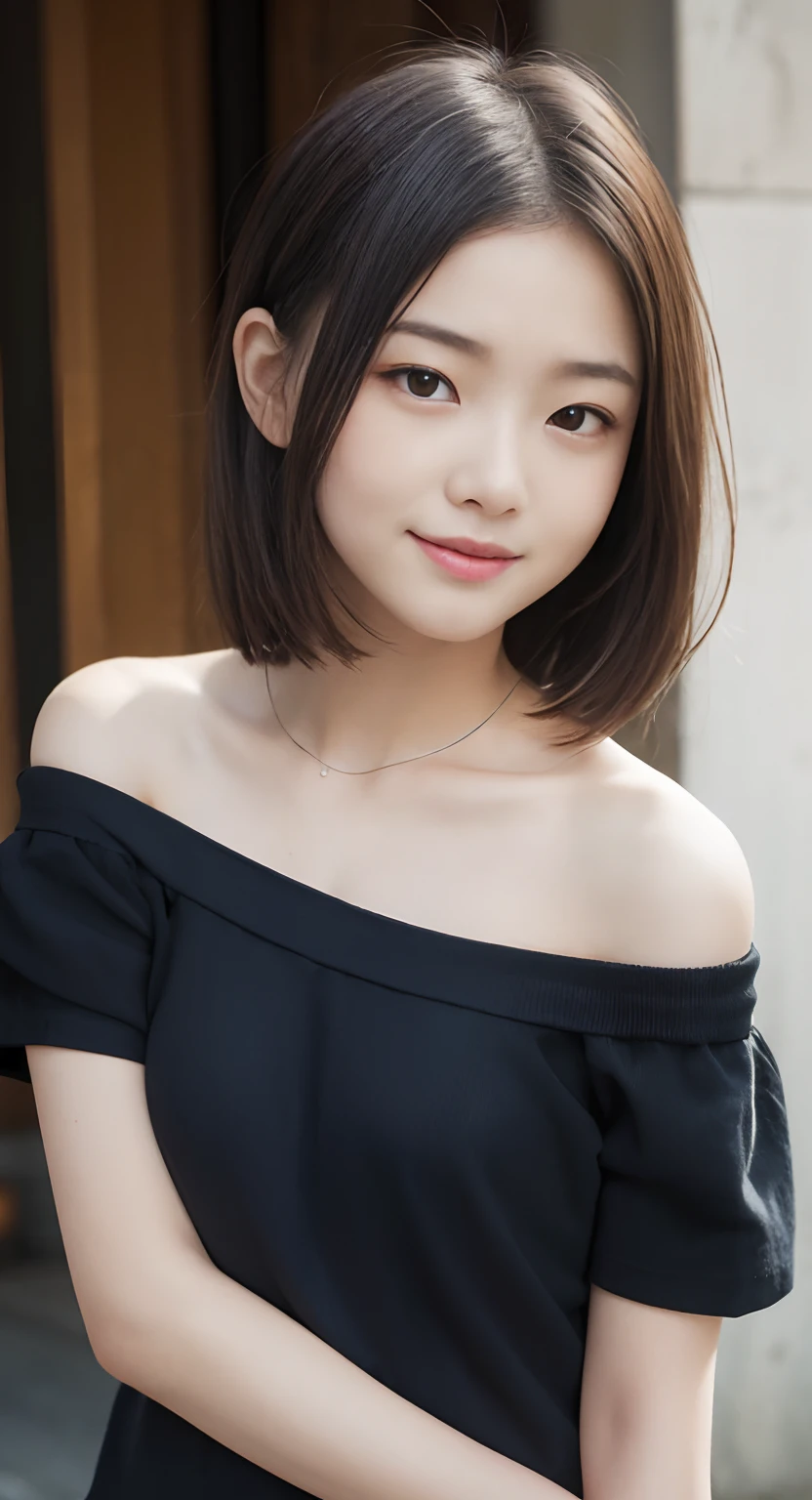 (in 8K、Raw photo、top-quality、masuter piece: 1.2)、(realisitic、photoRealstic: 1.4)、(High-resolution 8K wallpapers)、foco nítido、depth of fields、Background blur、bokeh dof、lighting like a movie、Soft light、Shot from thigh up、Cute idol face looking at camera、(Smiling age korean girl:1.3)、(symmetrical beautiful eyes:1.2)、(well-shaped breasts、E-cup)、(realistic skin textures、Natural lip color,orthodontically aligned teeth)、(((Beautiful thin eyebrows)))、(二重まぶた、Long bangs)、(off shoulder blouse:1.2)、((a park))
