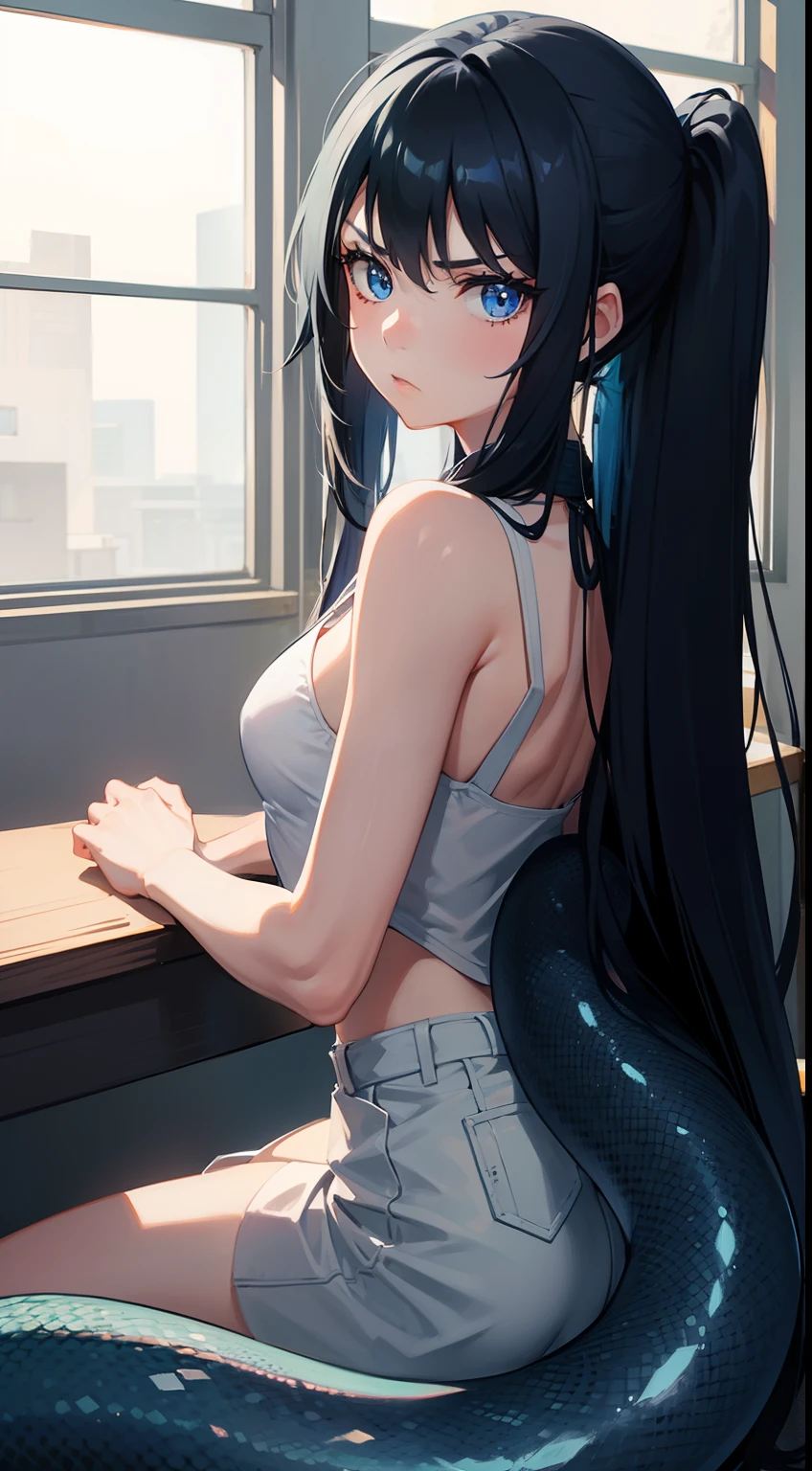 1girl,20s,blue eyes,solo,long hair,tail serpent,black hair,serious face,classroom,