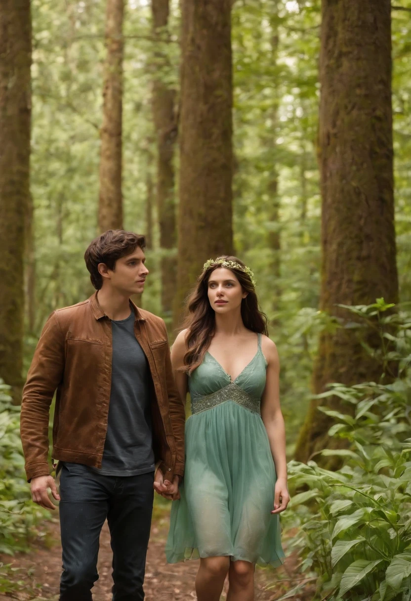 Percy Jackson e namorada, garota de olhos verdes, cabelos castanhos ondulados, pele bronzeada, Forest scenery with lilies