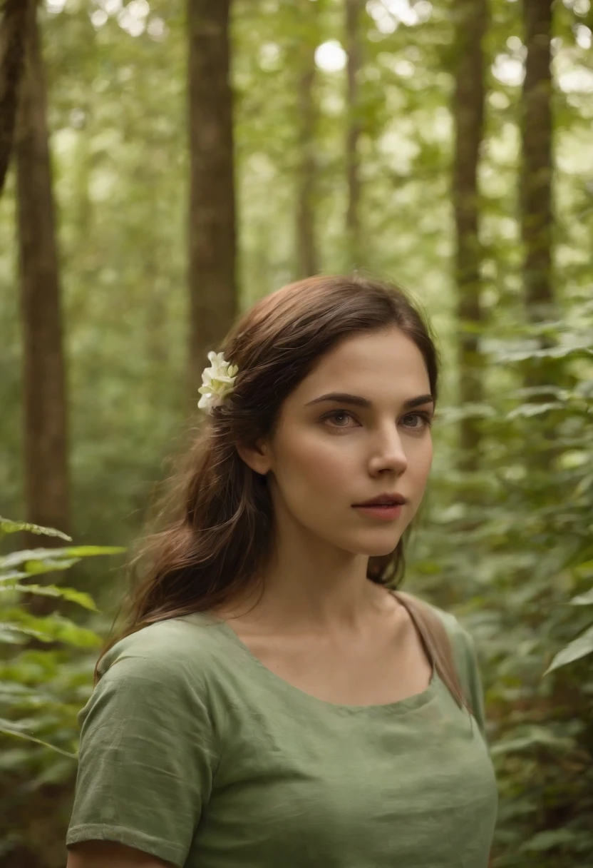 Percy Jackson e namorada, garota de olhos verdes, cabelos castanhos ondulados, pele bronzeada, Forest scenery with lilies