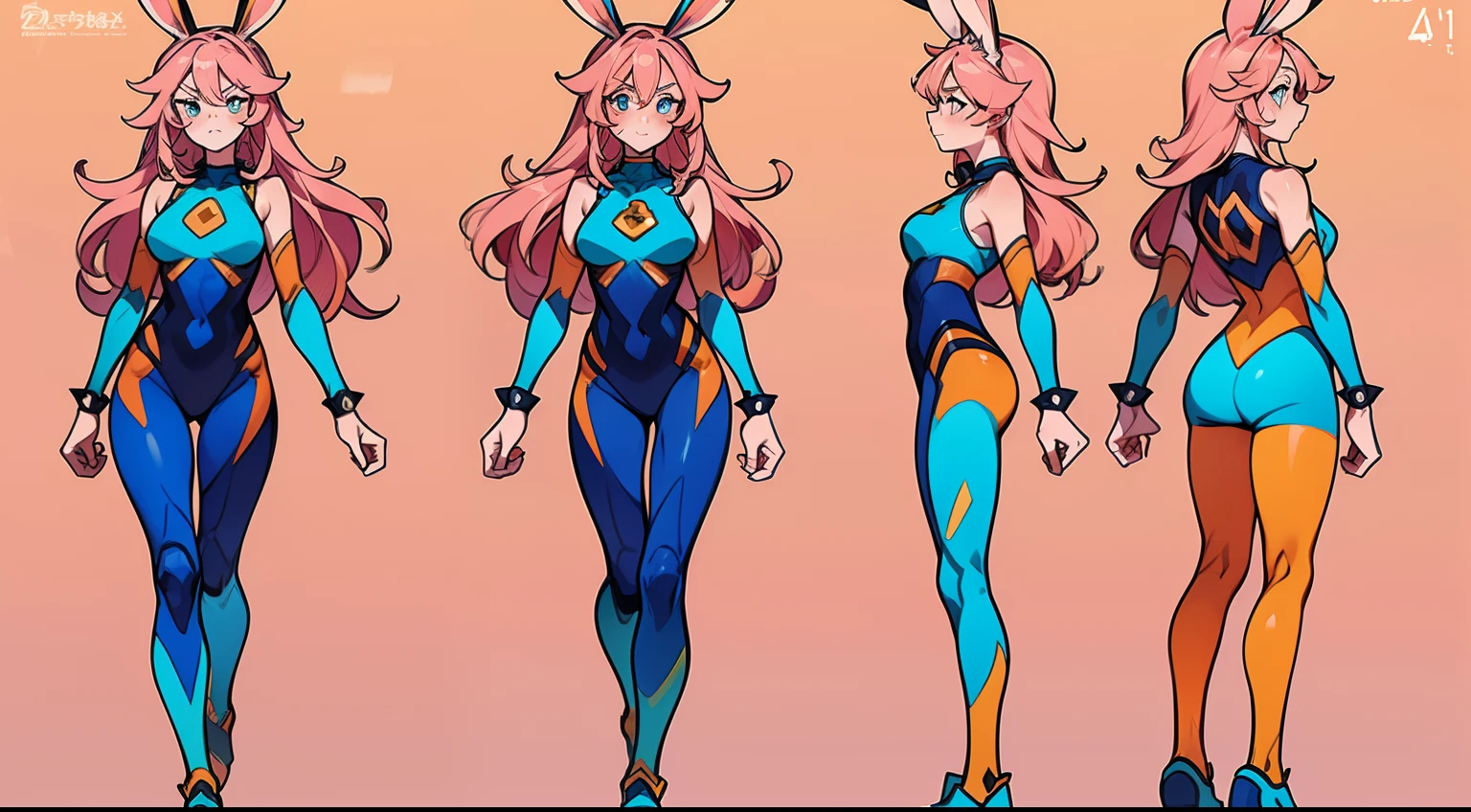 ((masterpiece)),(((best quality))),(character design sheet,same character,front,side,back), Reference sheet ((Best Quality)), ((Masterpiece)), ((Realistic)) tsuka kendou, 1woman, cute face, determined look, smile, long_legs, full_body, adult mature female ((spiky orange-pink hair,))((orange-pink mullet 1.1)), (long hair), bright cyan_eyes, (yellow_pupil,) hero, sleeveless blue_spandex_bodysuit, long orange-pink rabbit_ears, colored concept art, highly detailed character design, highly detailed face, Vivid and colorful colors, Delicate lines, tome + concept art, detailed full body concept art, full body character concept art, full body concept art, full character concept art, full body character concept, full body character design, 8 k character concept art, 8k character concept art, single character concept art, detailed character design, detailed face, detailed hair, (simple background, white background: 1.3)