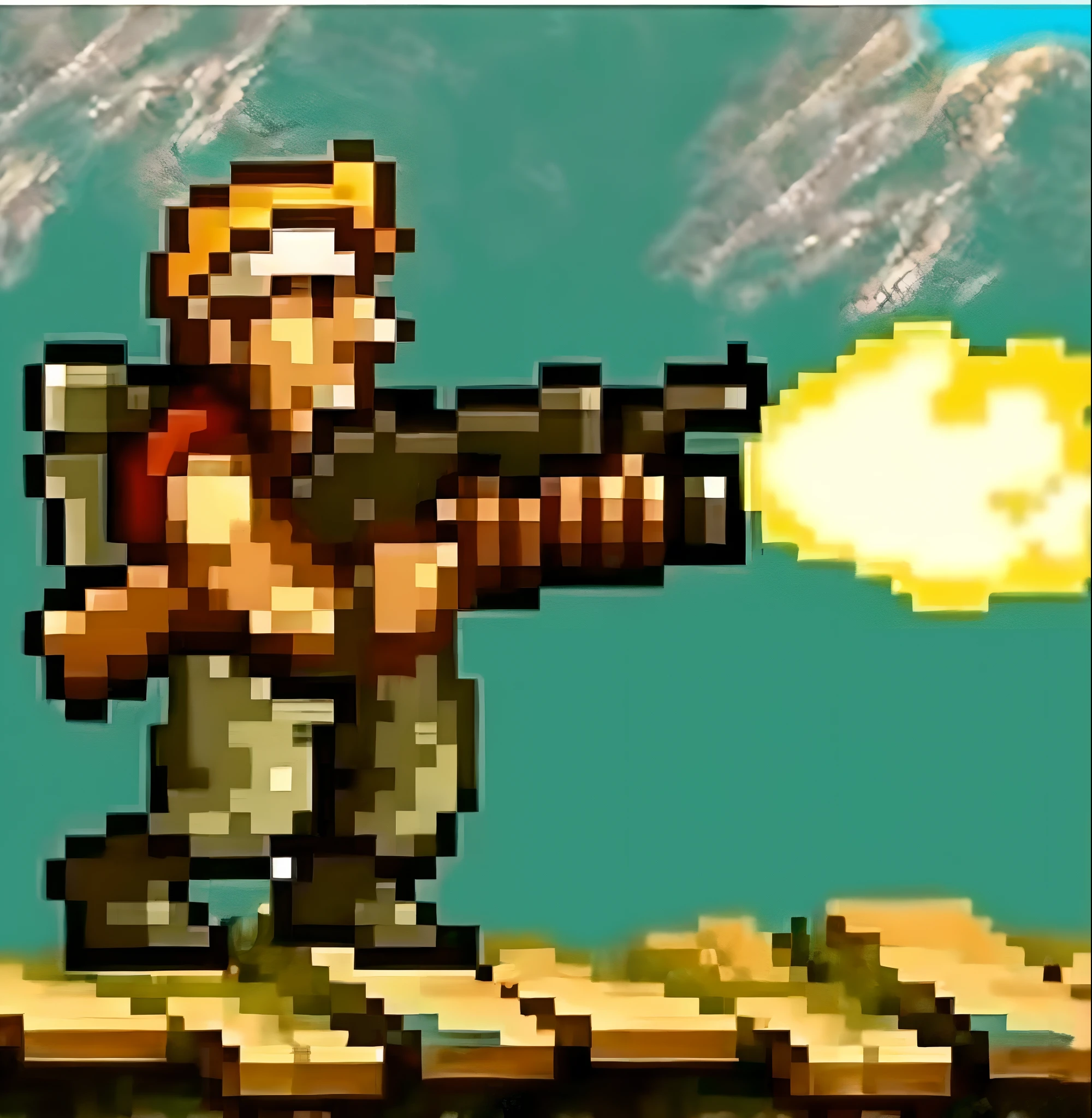 uma imagem de pixel de um homem segurando uma arma e apontando, sujeito de teste supersoldado, arte do personagem o Contra, Contra, estilo de arte Duque Nukem, A Guerra Espacial Contra, sprite de videogame, flame thrower, Harry Nukem, 2 d sprite, doomguy as a soviet soldier, arte conceitual do metal slug, Super soldado, Duque Nukem, 9 0 s jogo de tiro em primeira pessoa