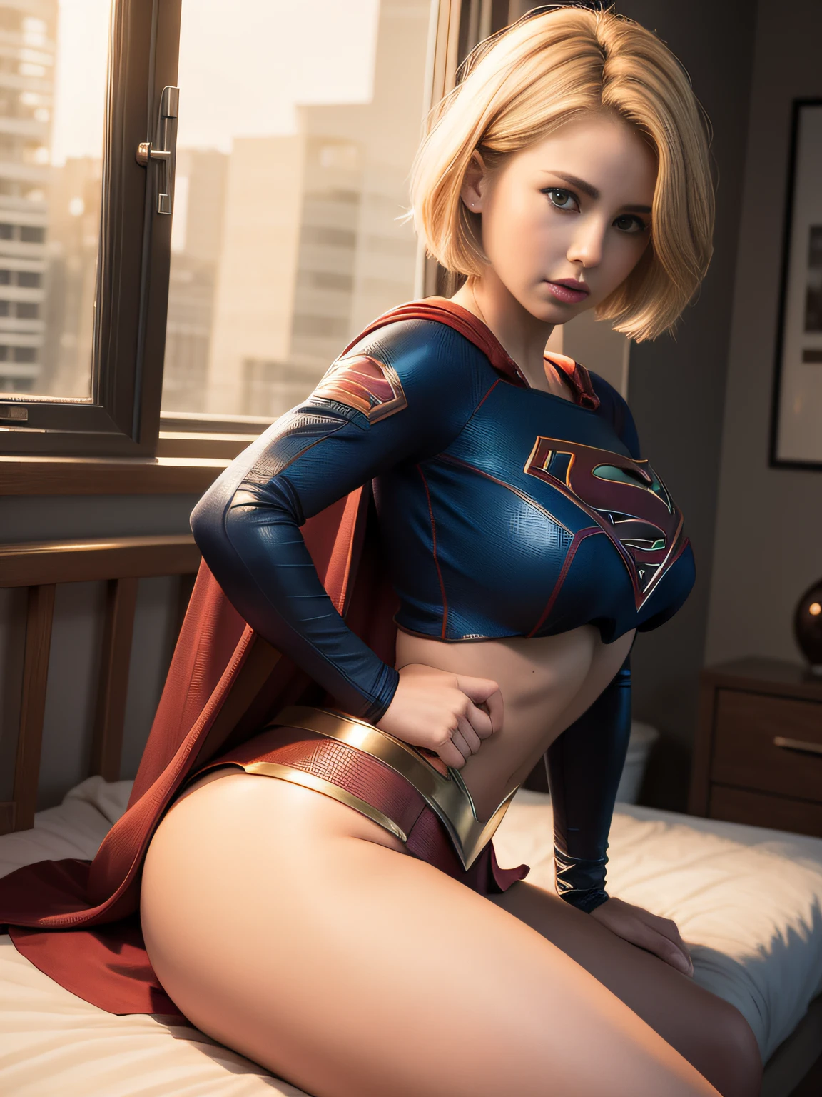 masterpiece、Short-haired Supergirl sitting on bed、large full breasts、Looking at the camera、Glossy costume、s ass、Ultra mini skirt