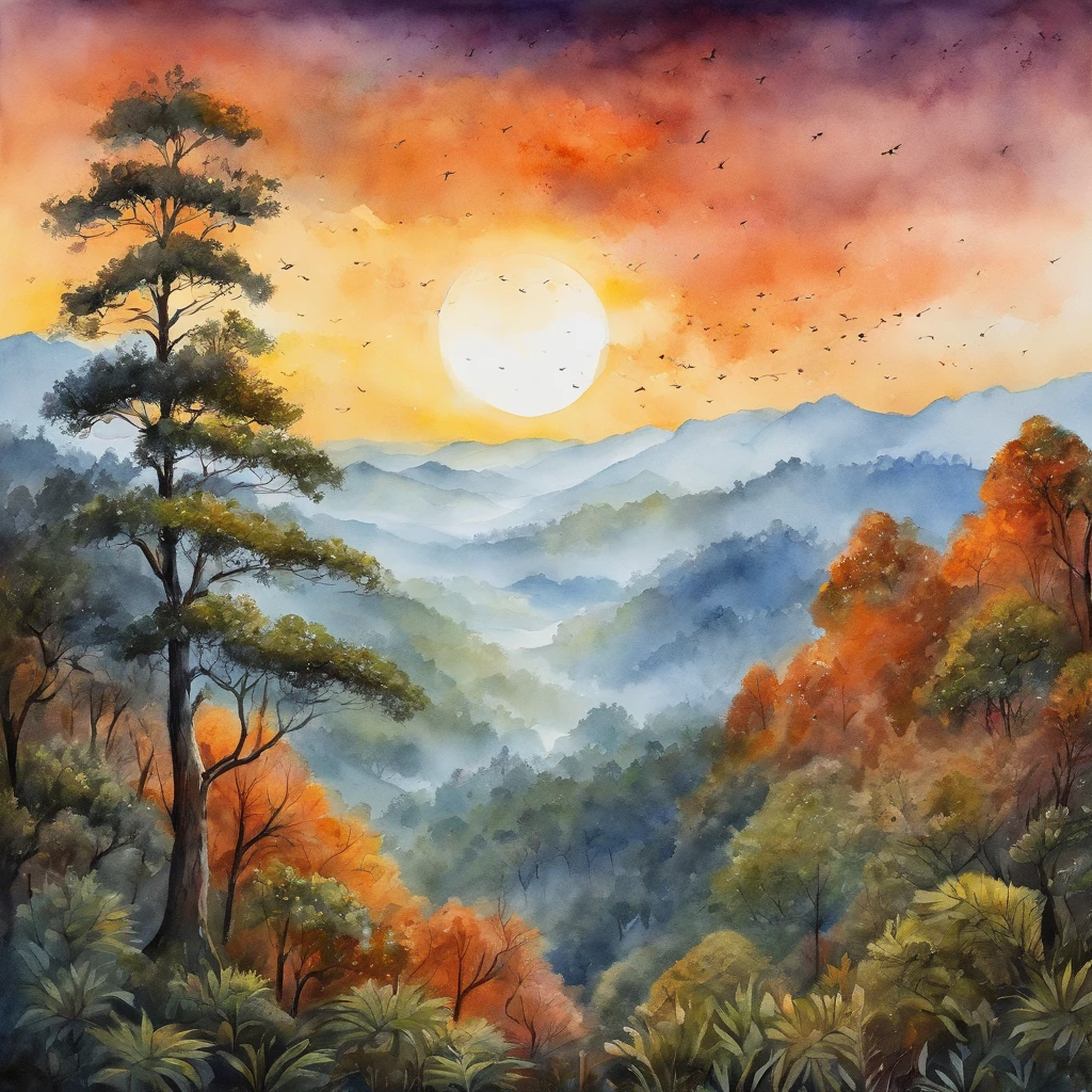 Intricate pictorial details of Myanmar forests, By range Murata, galaxy in background, Clouds, vivd colour, High contrast, Mountain, vector line art, orange highlights, trending in pixiv, anime concept art, Stick, Mattire, high high quality, Edge to edge, Sanskrit