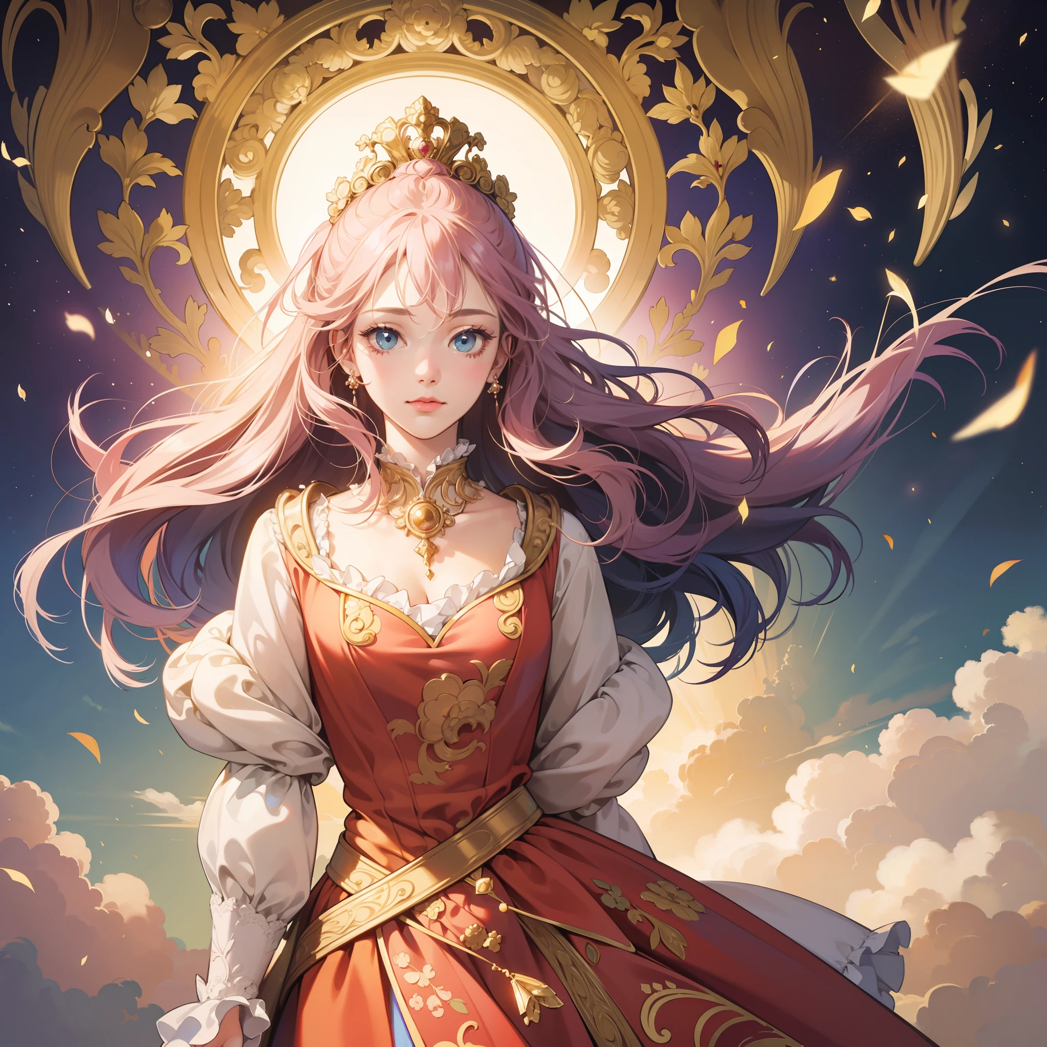 (Rococo style:1.1), (Art deco:1.1), masutepiece, Super Detail, High quality, awardwinning, 8K, noble girl, Floating hair, Elegant dress, in the palace, Glowing light, Healing, recovery