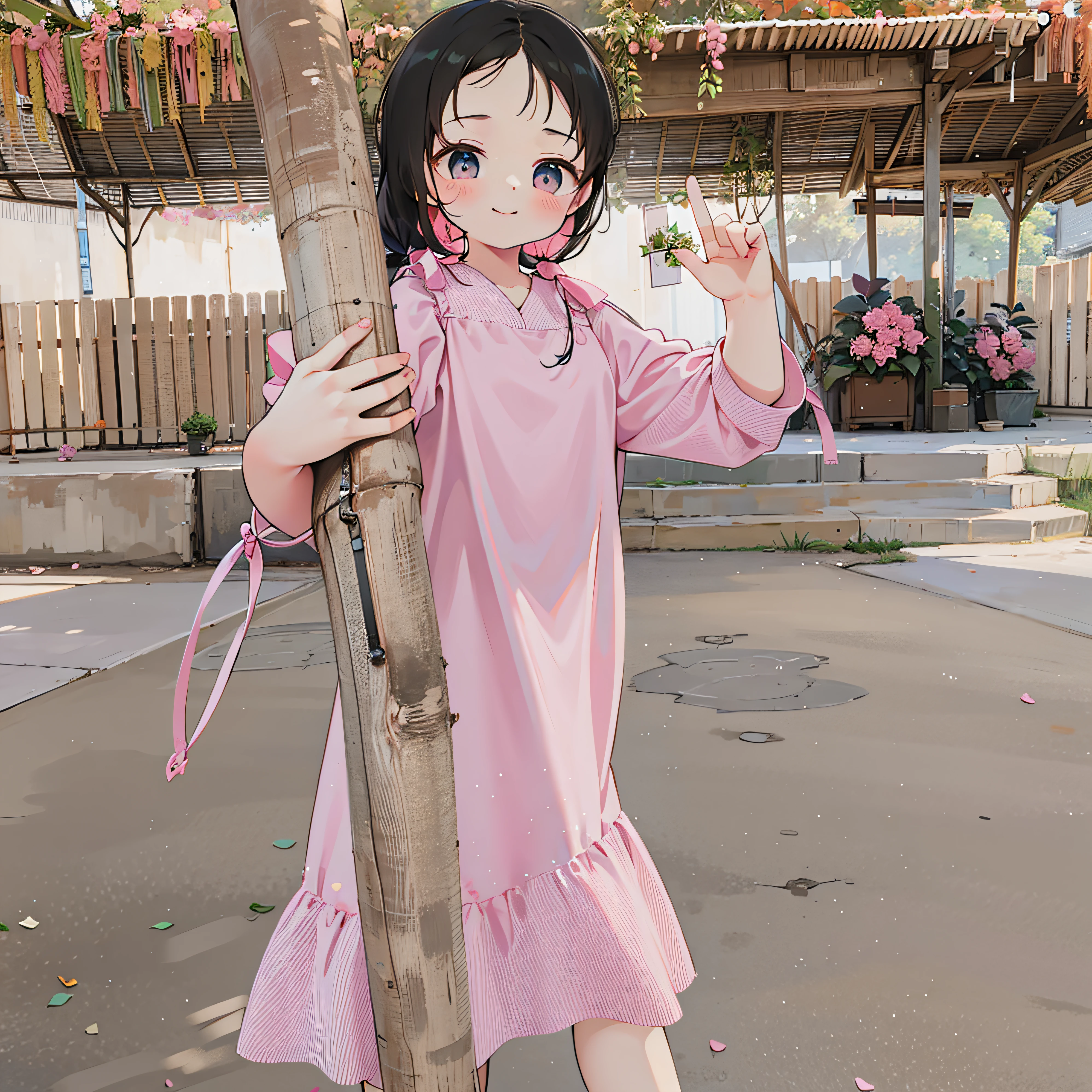 there is a young girl standing next to a pole with a pink dress, ruan cute vtuber, katelynn mini cute style, dressed in a pink dress, nivanh chanthara, wearing a pink dress, loli, kid, 2 , cute:2, cute young girl, loli in dress, little ki