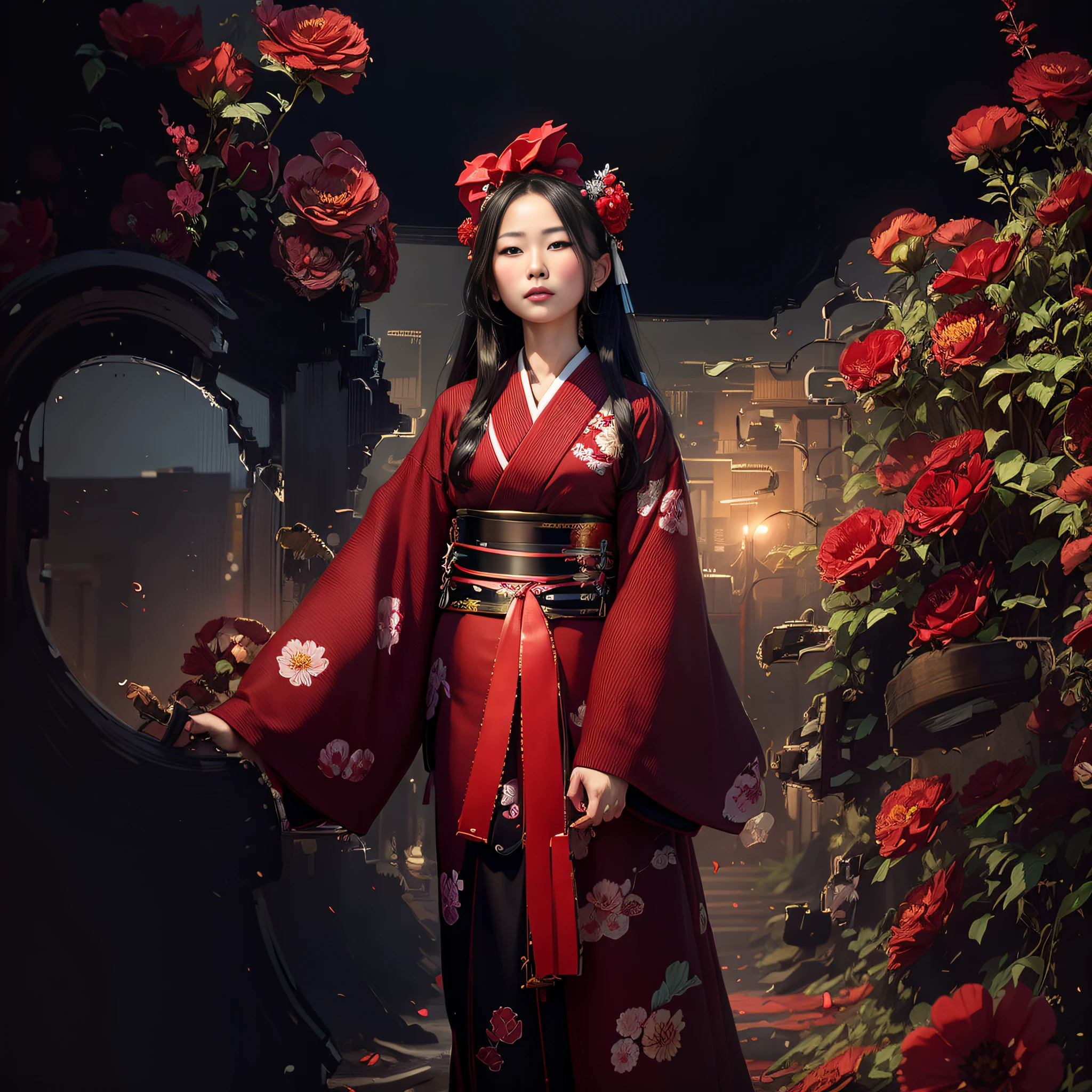 Arafed woman in a kimono standing in a field of red roses, Mulher chinesa, Mulher japonesa, mulher nas flores, ****** chinesa, mulher japonesa elegante, Japanese related to flowers, mulher oriental bonita, inspired by Itō Shinsui, woman standing in flower field, ****** nas flores, geisha photo portrait, Japanese kimono, japanesepopartstyle, japanese model.